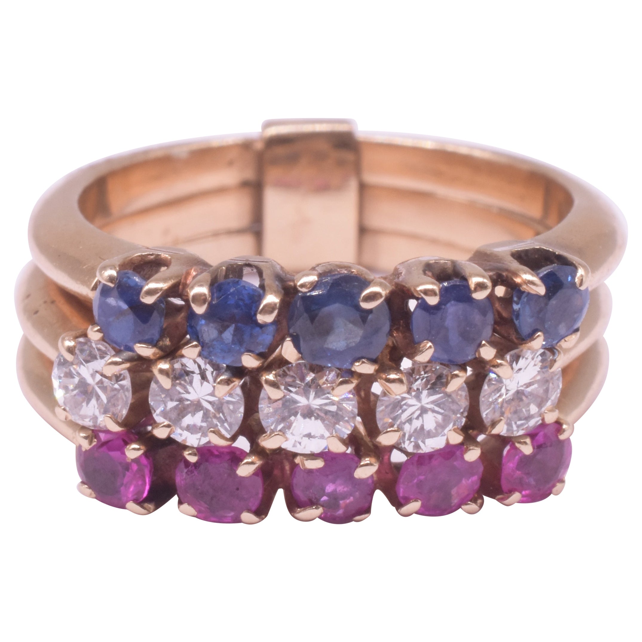 C1940 Bague Harem avec 3 bandes de rubis, diamants et saphirs taille 5.5 en vente
