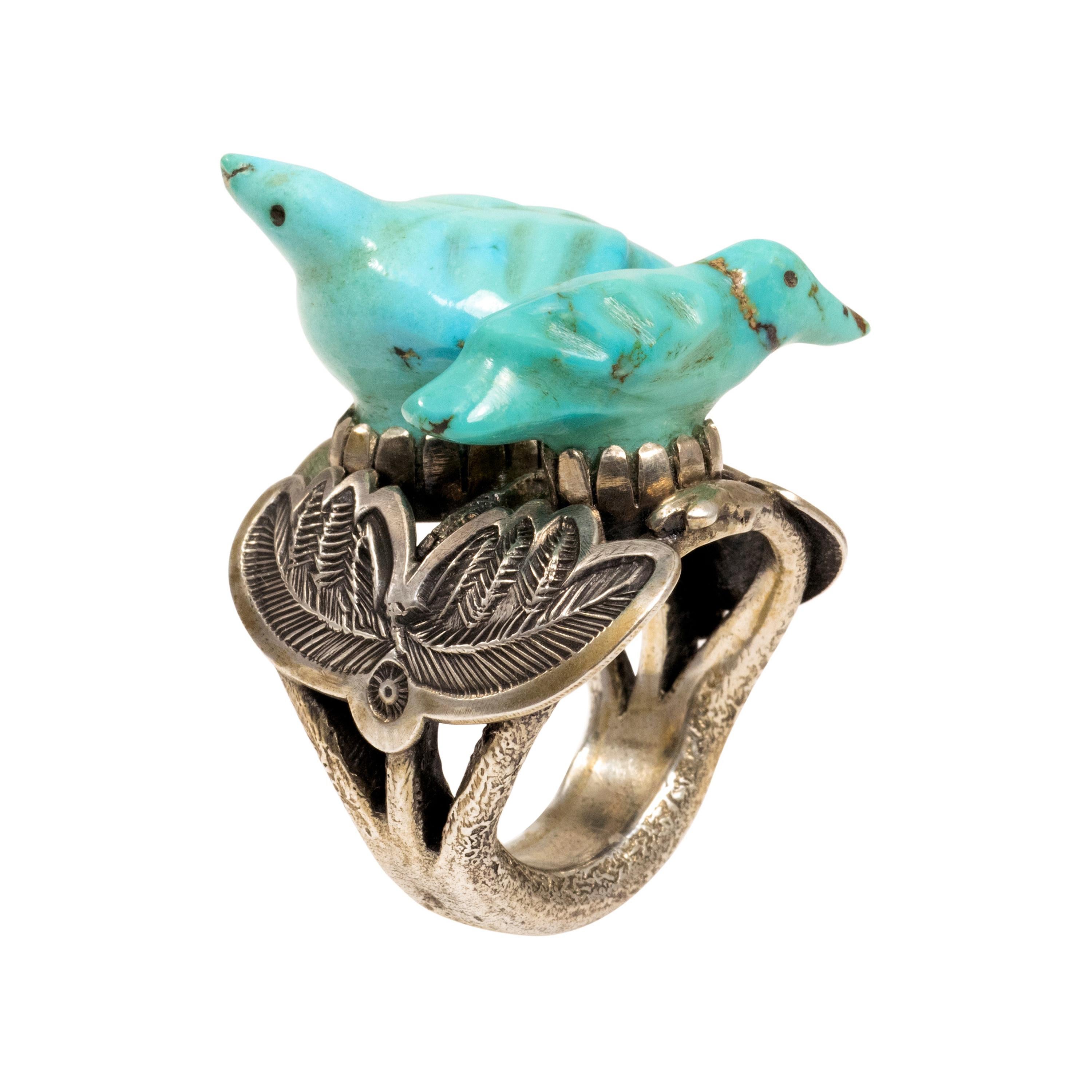 Leekya Deyuse  Carved Turquoise Birds and Silver Ring circa 1940 For Sale