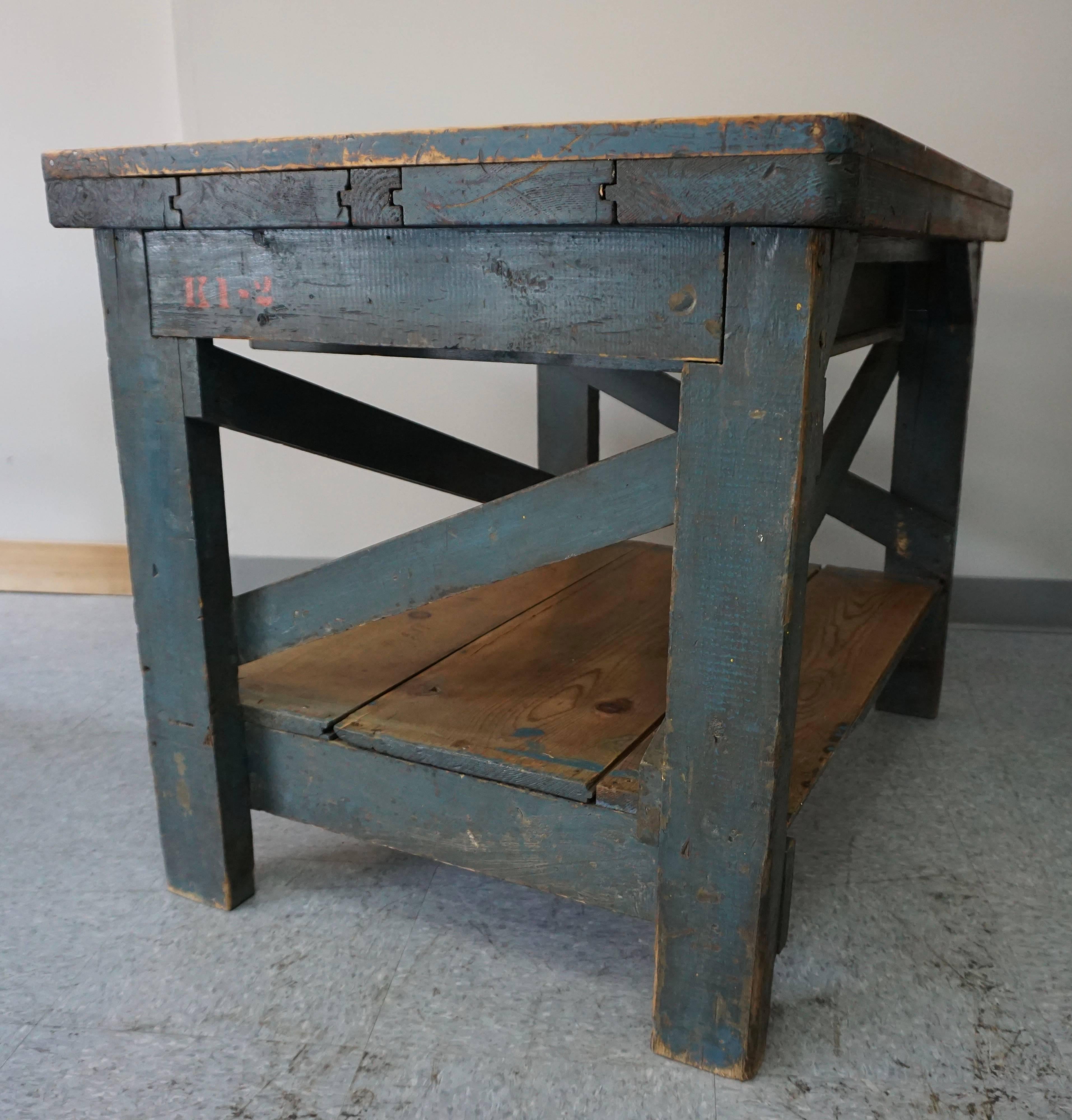 American Rhode Island Factory Table with Blue Paint, circa 1940 For Sale