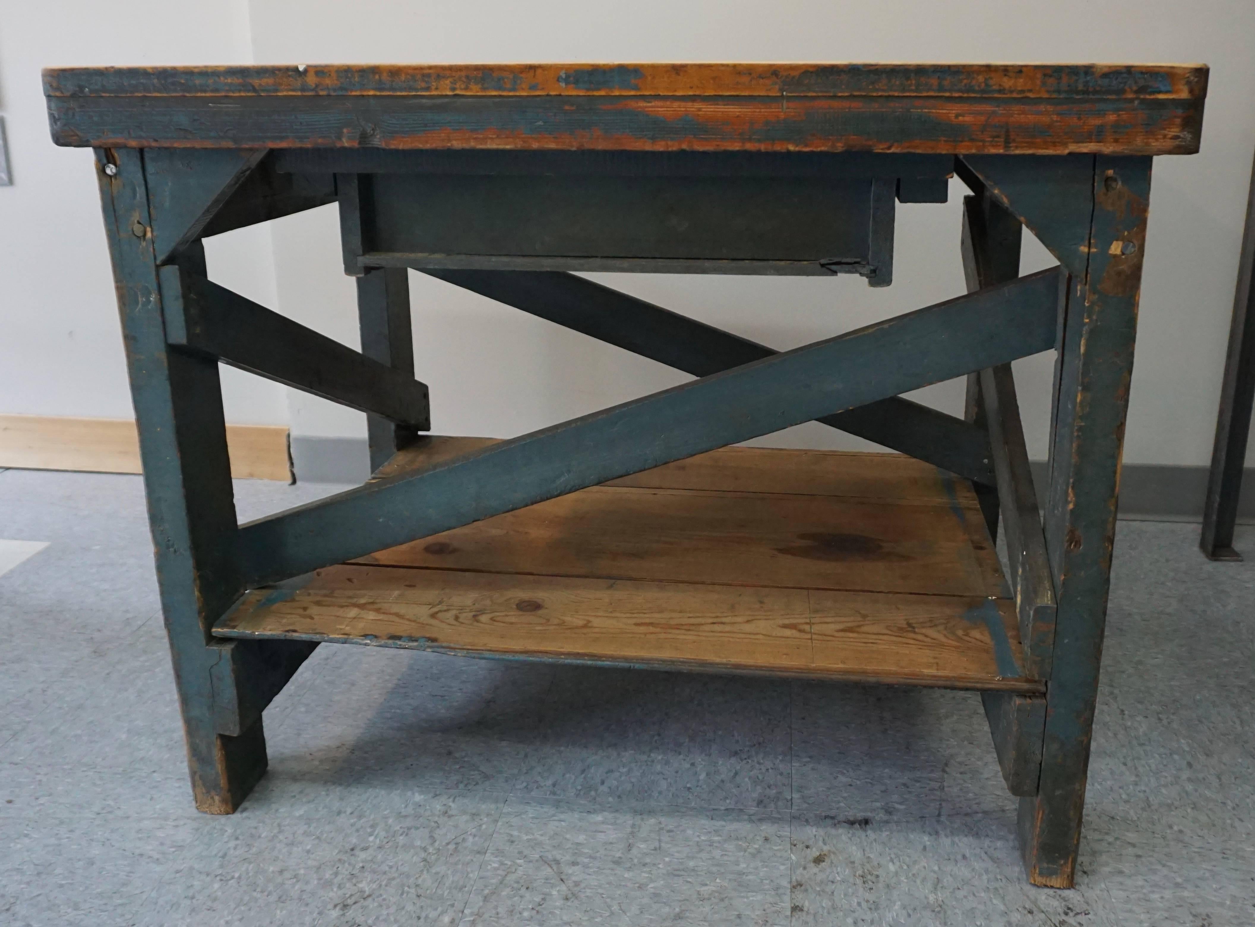 Rhode Island Factory Table with Blue Paint, circa 1940 In Distressed Condition For Sale In Hudson, NY