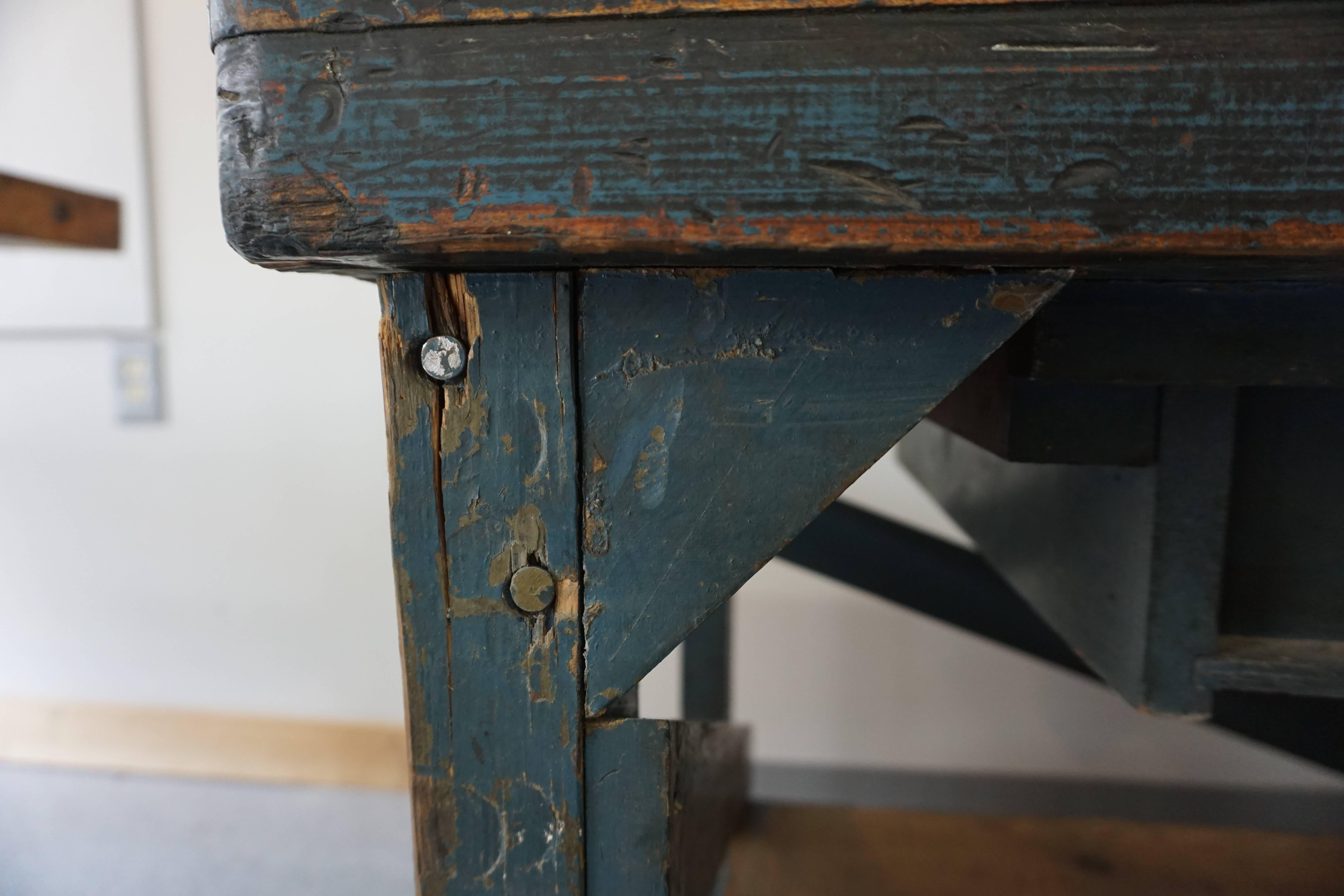 20th Century Rhode Island Factory Table with Blue Paint, circa 1940 For Sale
