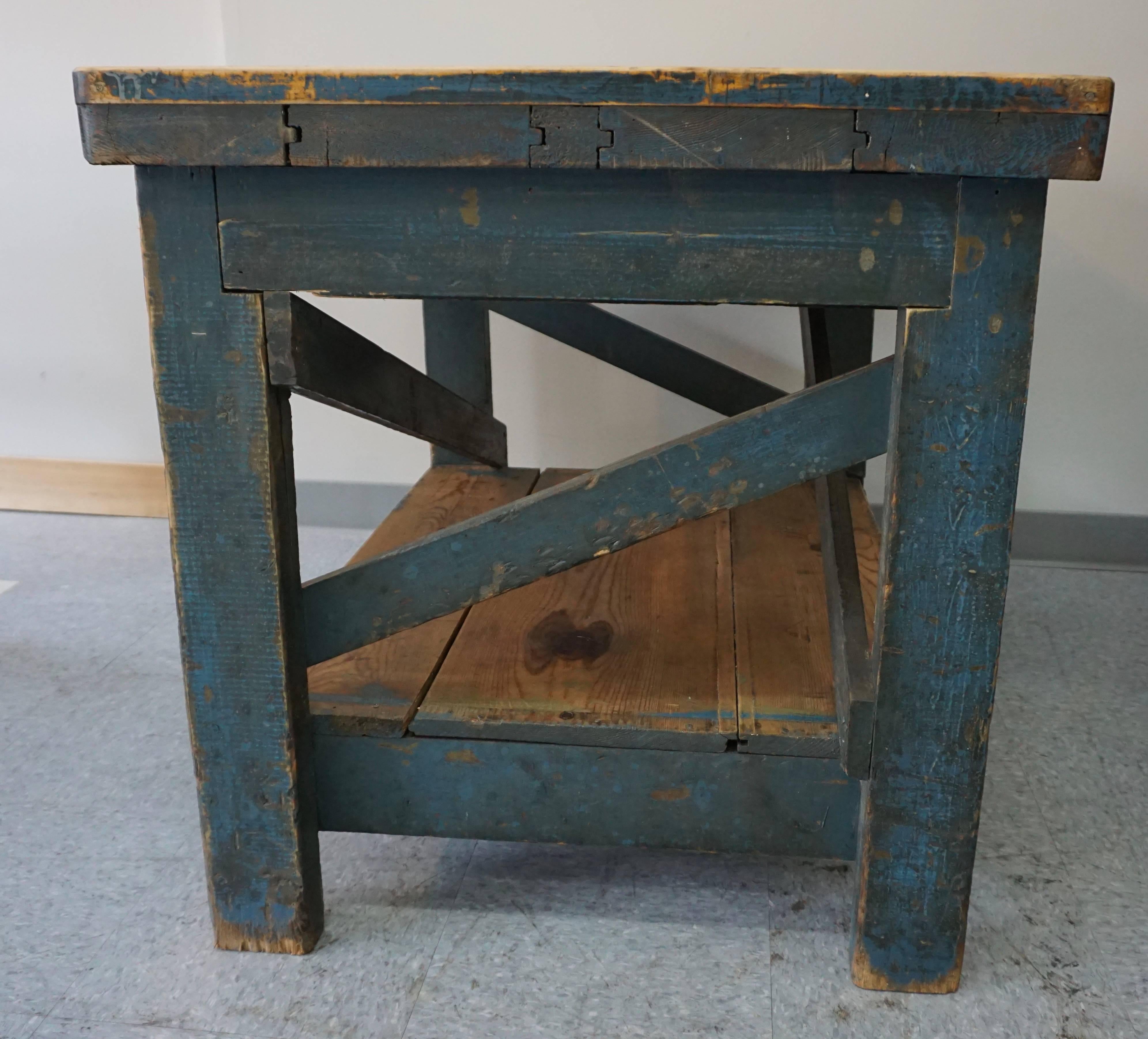 Maple Rhode Island Factory Table with Blue Paint, circa 1940 For Sale