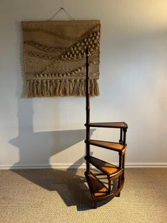 c.1940s Rare Vintage English Mahogany & Leather Library Stairs / Step Ladder