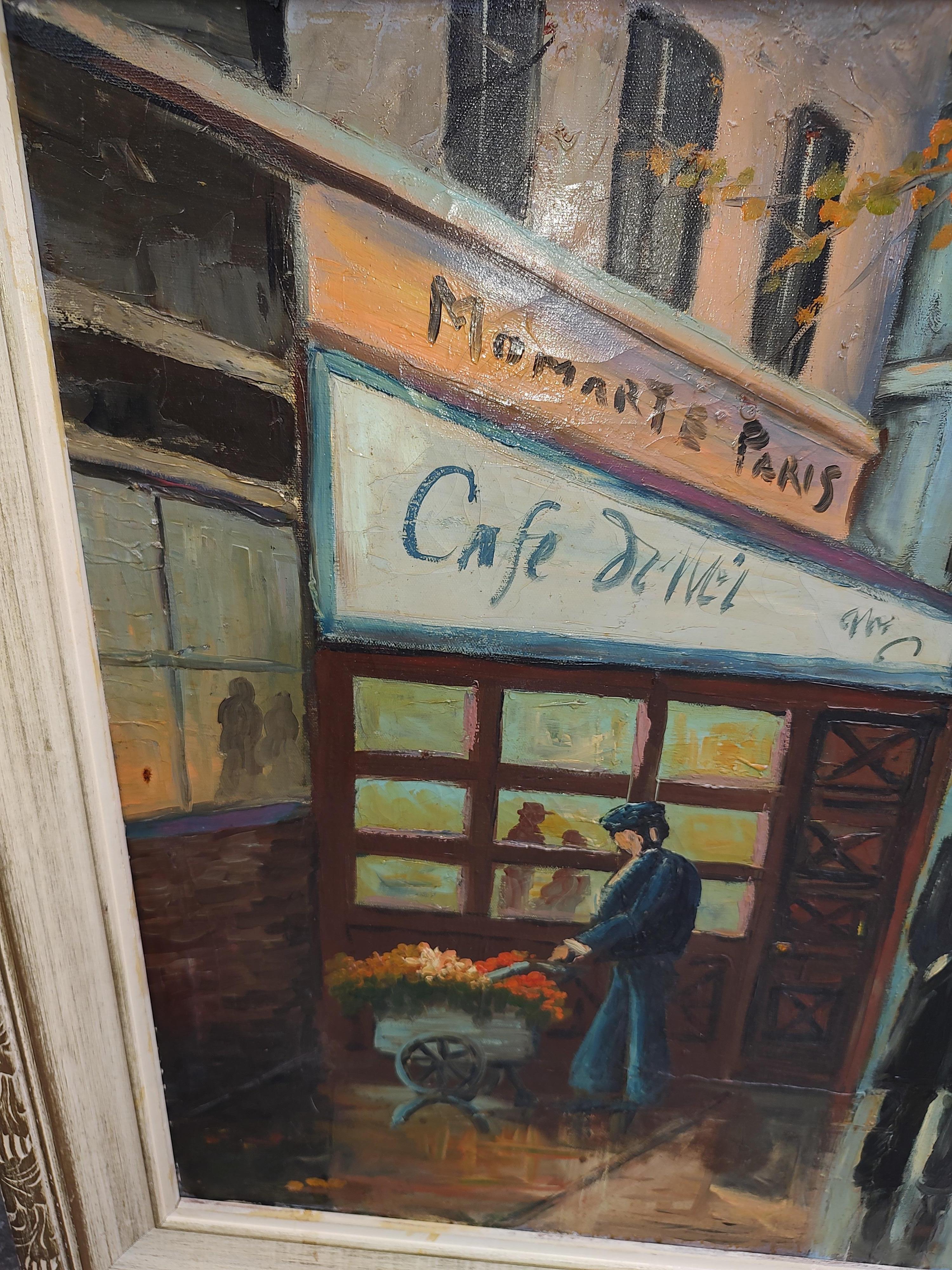 Fabulous impressionist oil on canvas from the late forties by John Baker Smith. Great cafe scene with numerous people going about their day. Very colorful and fantastic style. In a period frame. Painting out side of frame measures 36 x 24. Has a