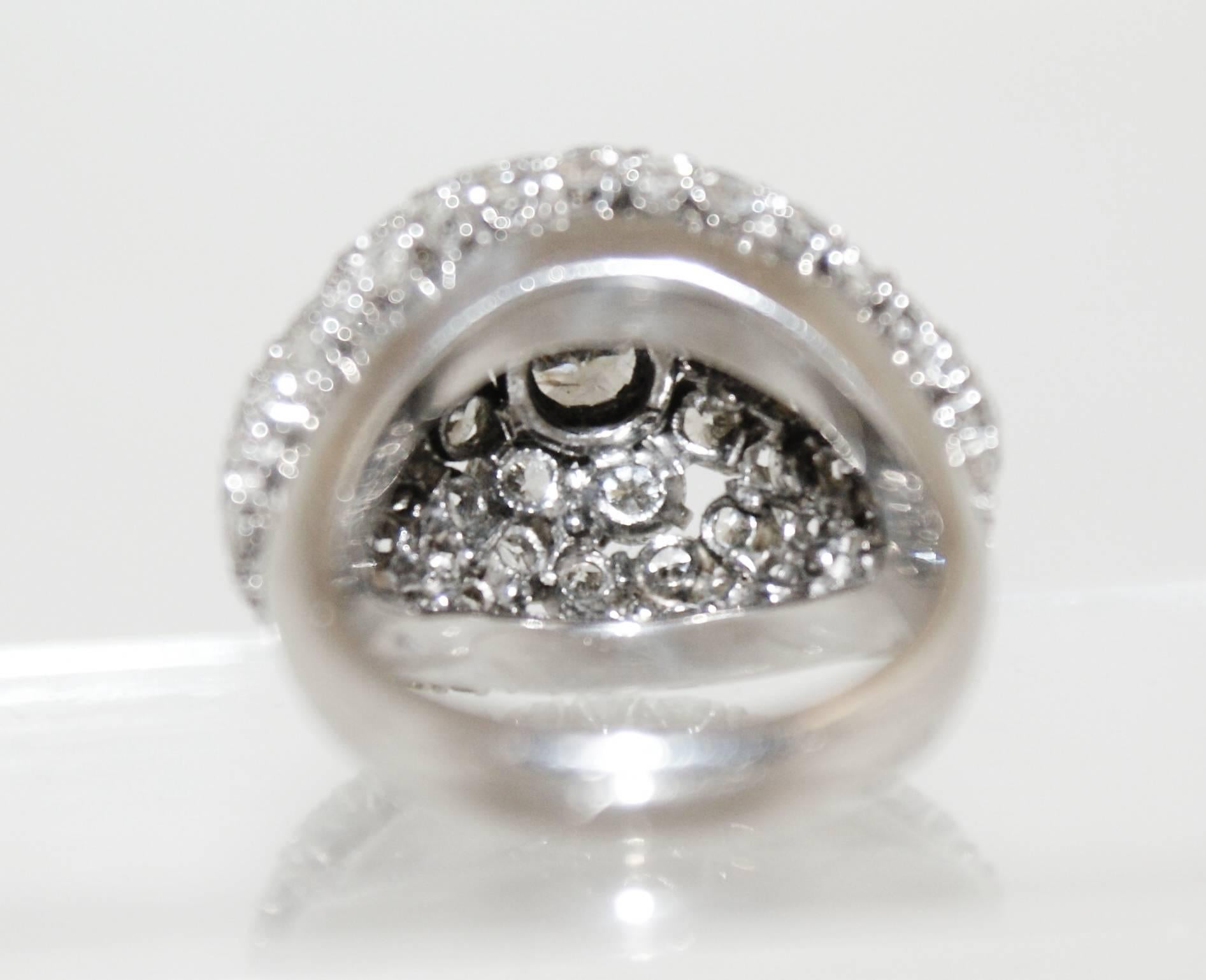 French Retro Diamond Platinum Bombe Cocktail Ring In Good Condition For Sale In London, GB