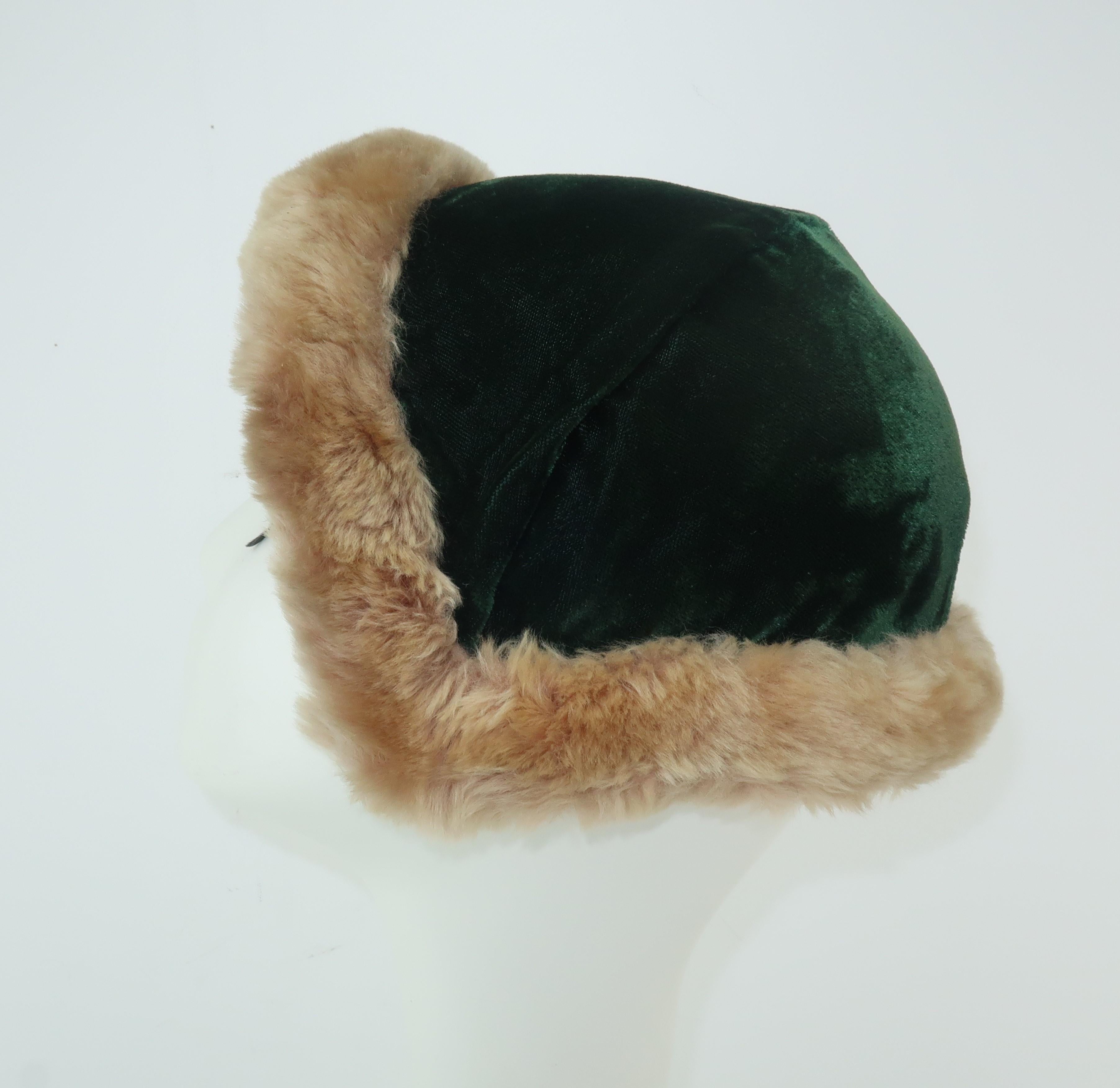 C.1950 Green Velvet Hat With Mouton Trim 2