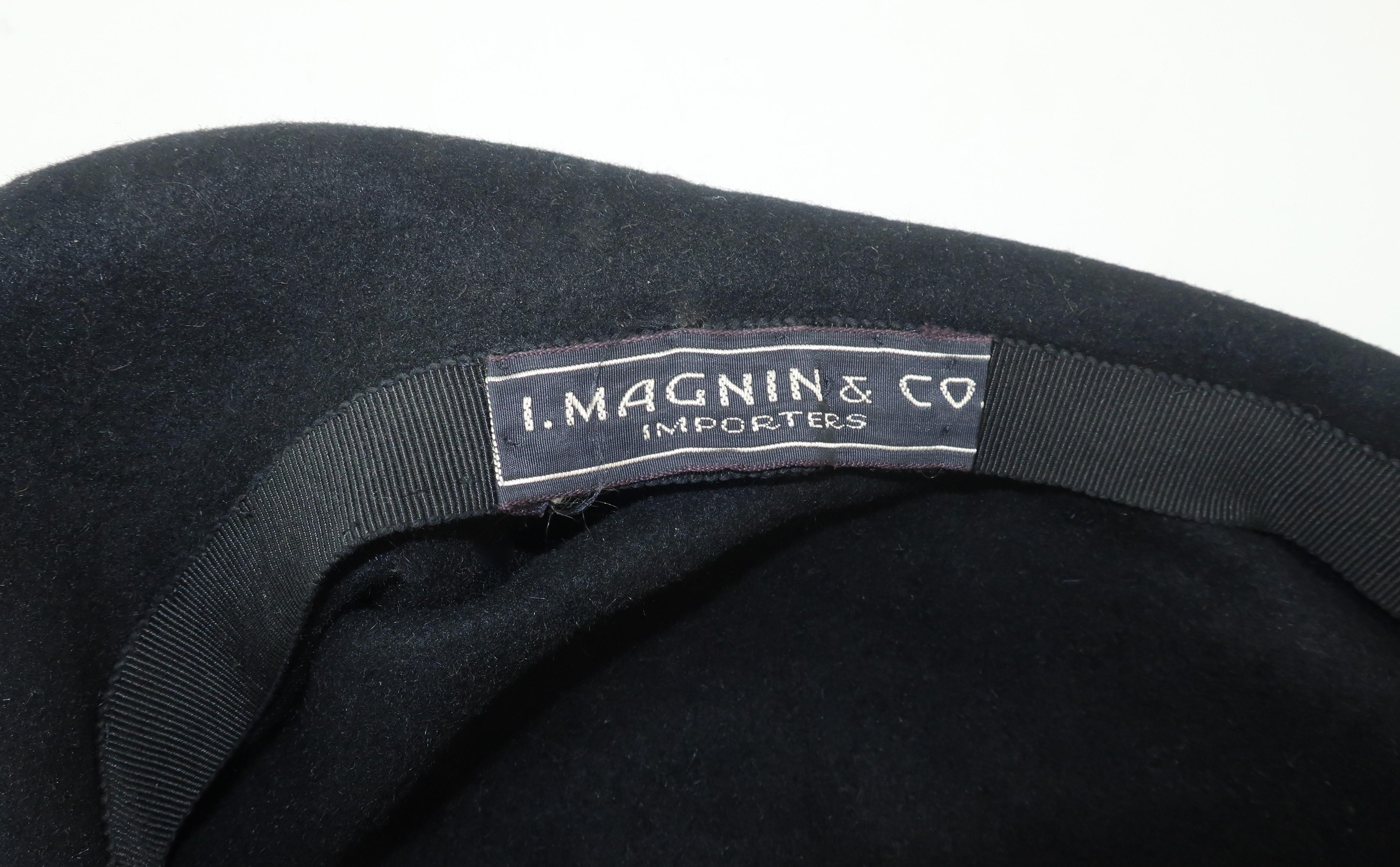 C.1950 I. Magnin Black Wool Felt Tilt Hat 3