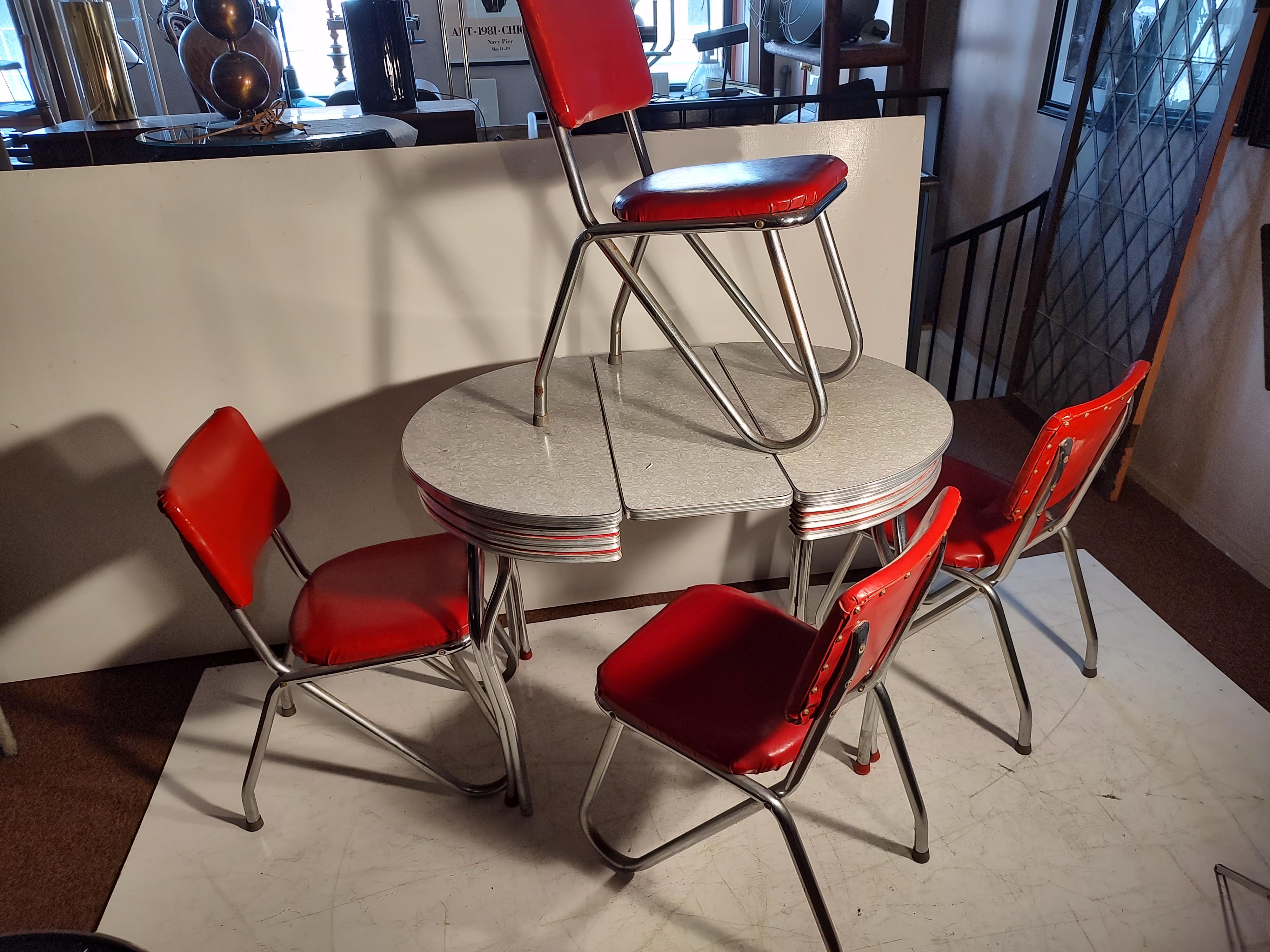 C1950 Mid Century Chrome & Formica Dining Table & 4 Red Vinyl Sculptural Chairs 2