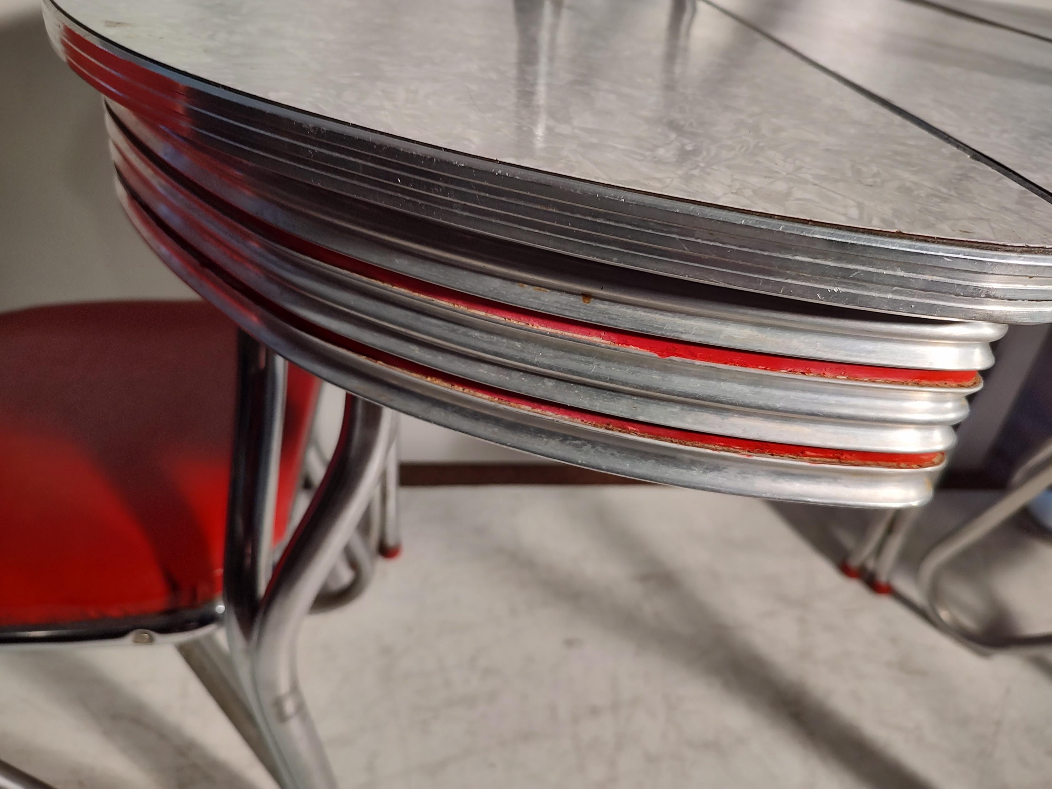 Hand-Crafted C1950 Mid Century Chrome & Formica Dining Table & 4 Red Vinyl Sculptural Chairs