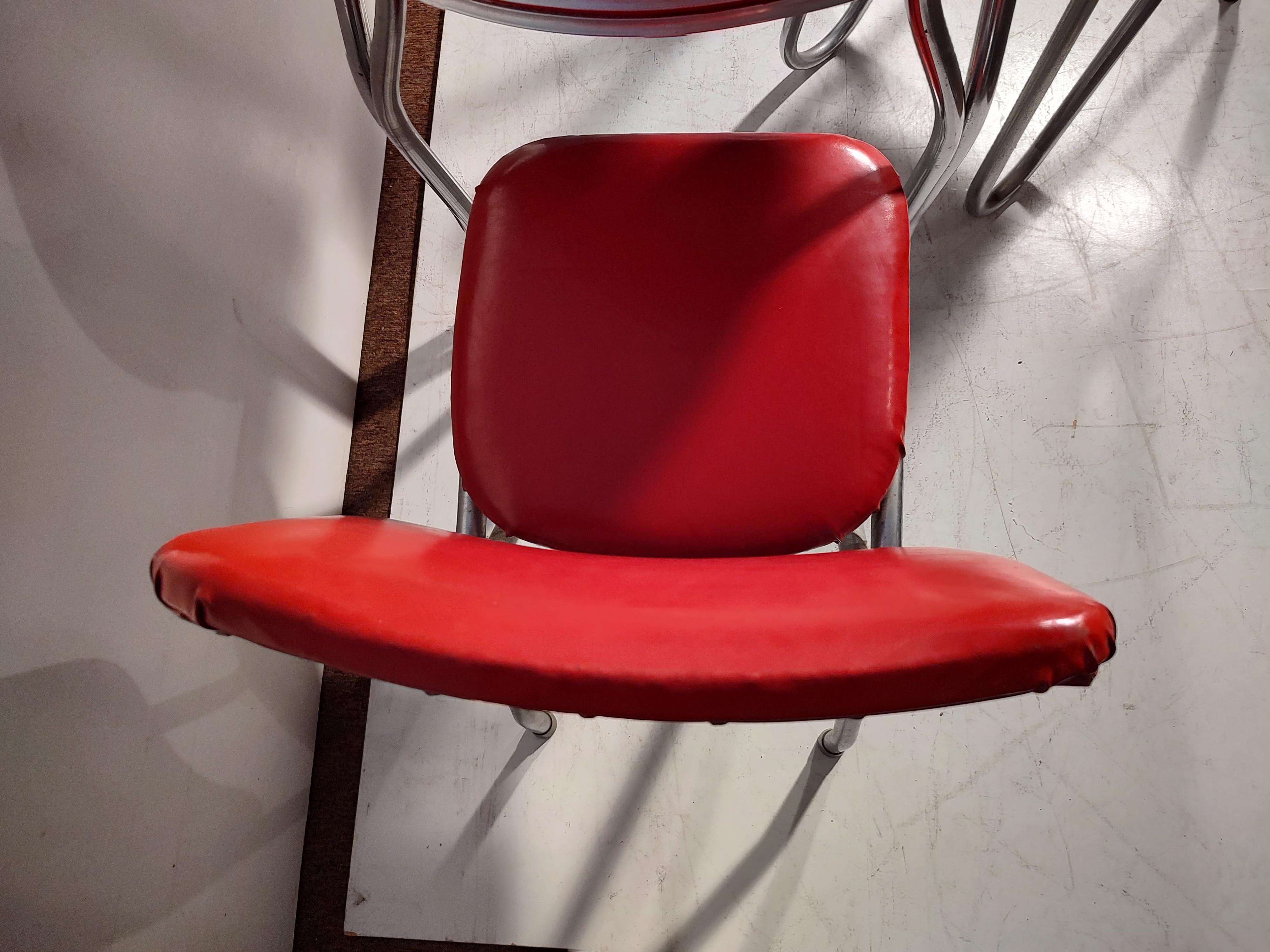 Naugahyde C1950 Mid Century Chrome & Formica Dining Table & 4 Red Vinyl Sculptural Chairs