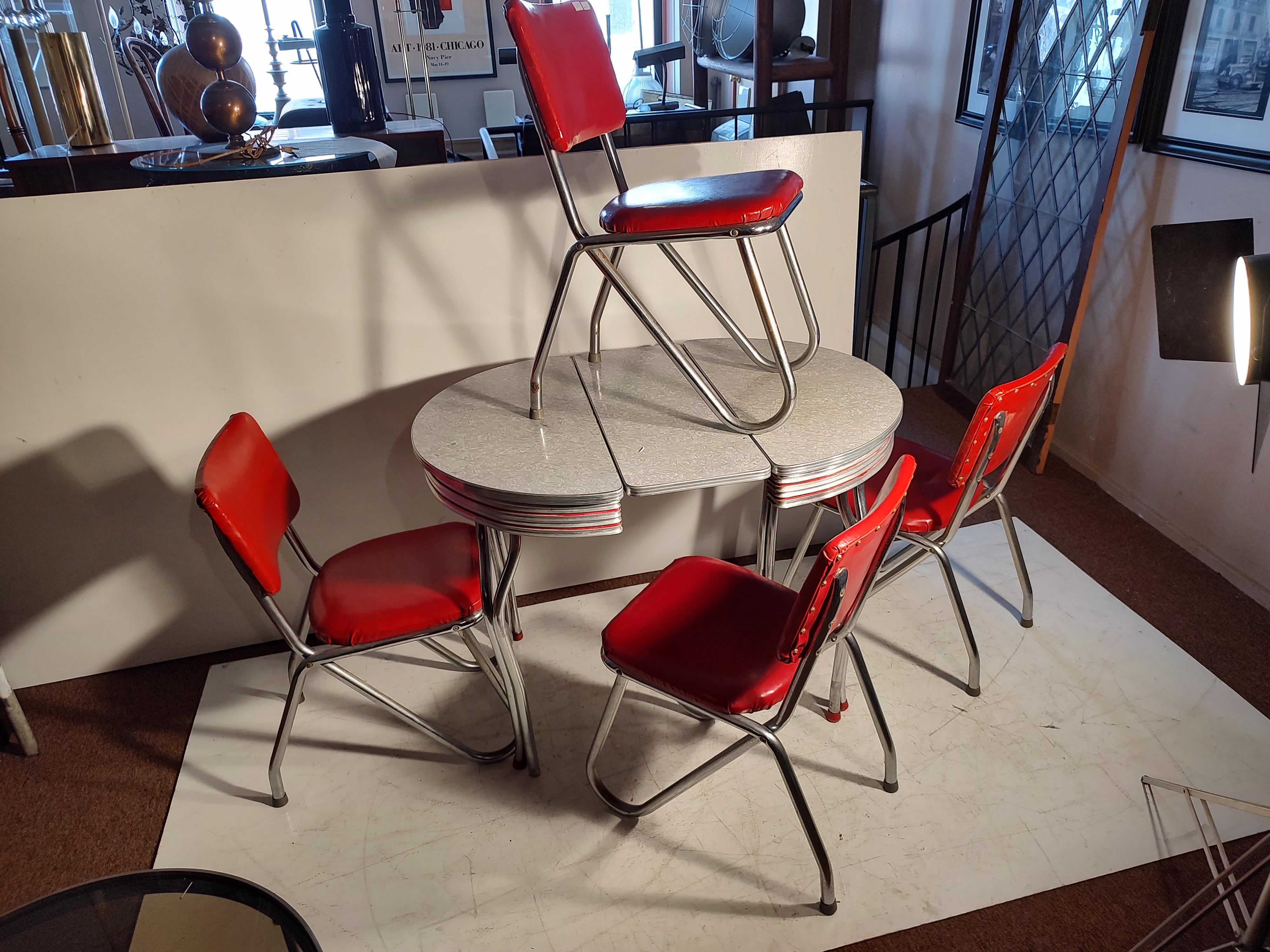 C1950 Mid Century Chrome & Formica Dining Table & 4 Red Vinyl Sculptural Chairs 1