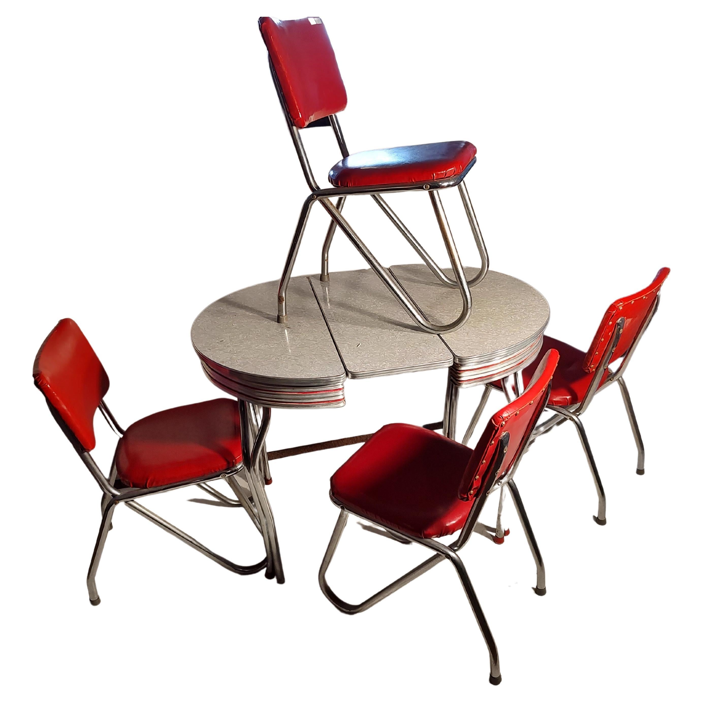 C1950 Mid Century Chrome & Formica Dining Table & 4 Red Vinyl Sculptural Chairs