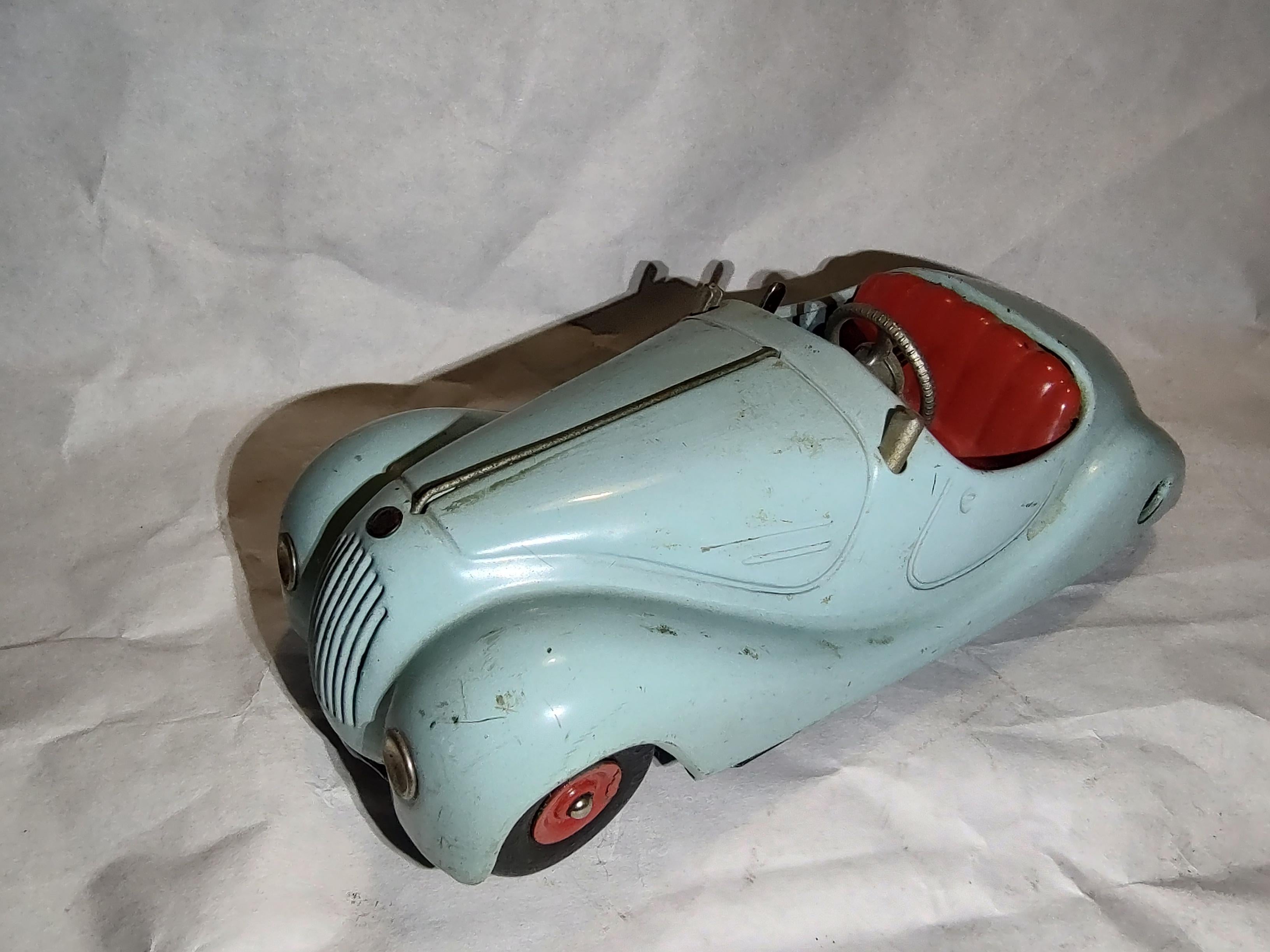 Mid-20th Century C1950 Schuco Model # 2002 Jaguar Type Sports Car with Driver & Horn That Works 