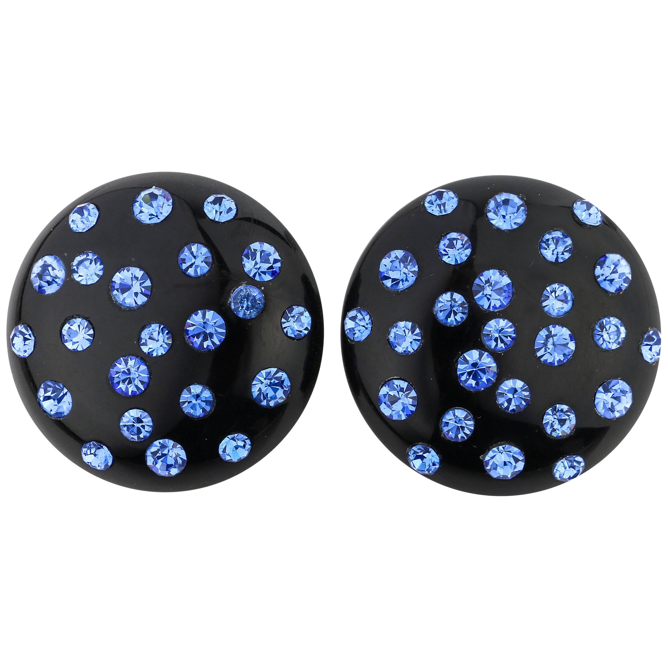 c.1950's Black Bakelite Blue Crystal Rhinestone Embedded Dome Clip On Earrings