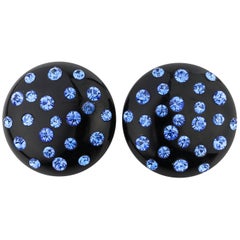 c.1950's Black Bakelite Blue Crystal Rhinestone Embedded Dome Clip On Earrings