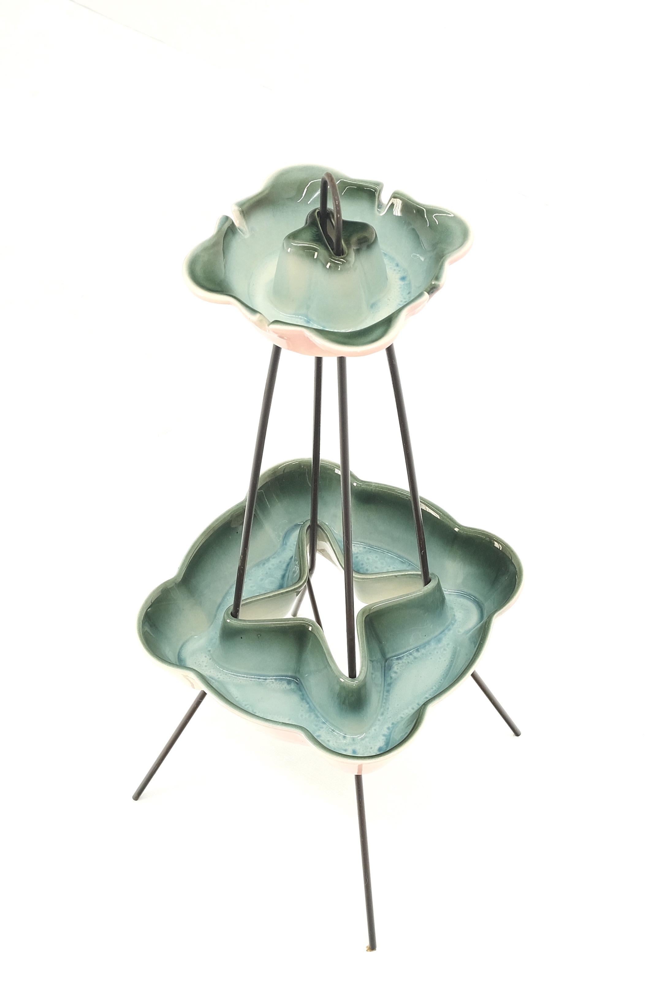 20th Century c.1950's Ceramic Pottery & Wire Base Floor Standing 2 Tier Ashtray  For Sale