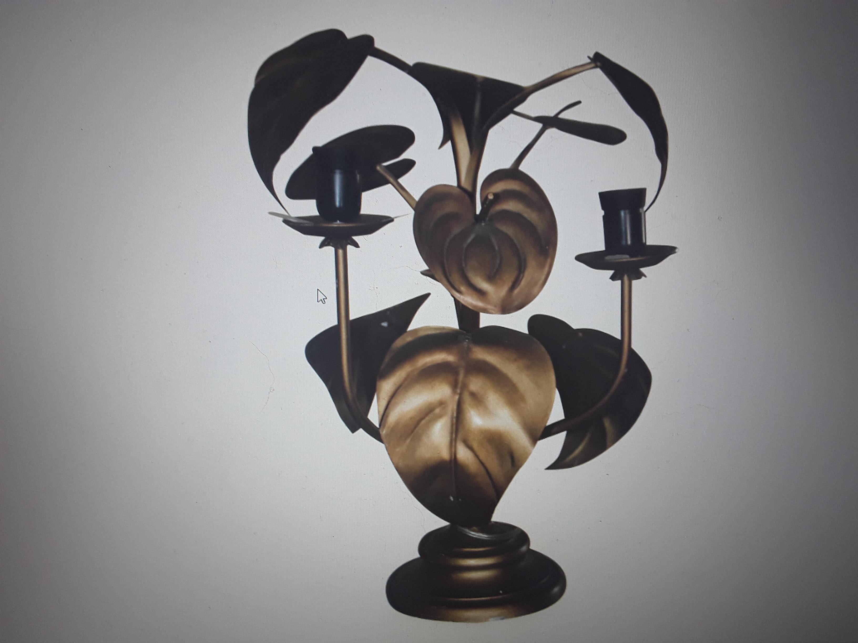 Italienische Mid-Century-Modern-Tischlampe aus vergoldetem Metall mit Anthurium, ca. 1950er Jahre im Angebot 11