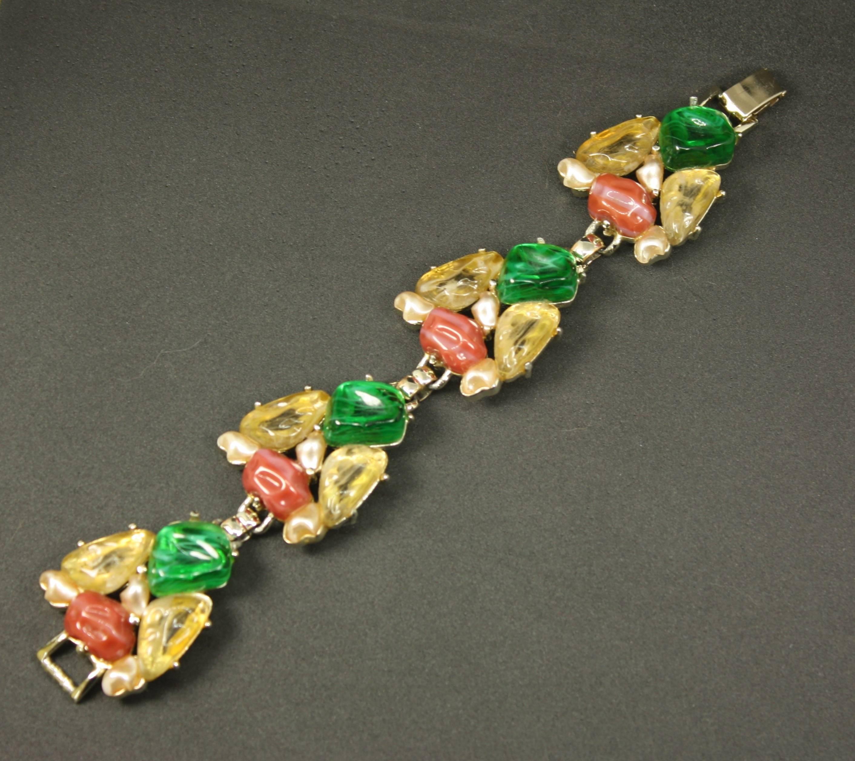 c1950's Large Mixed Stone Bracelet by Bergere In Good Condition For Sale In Rushden, GB