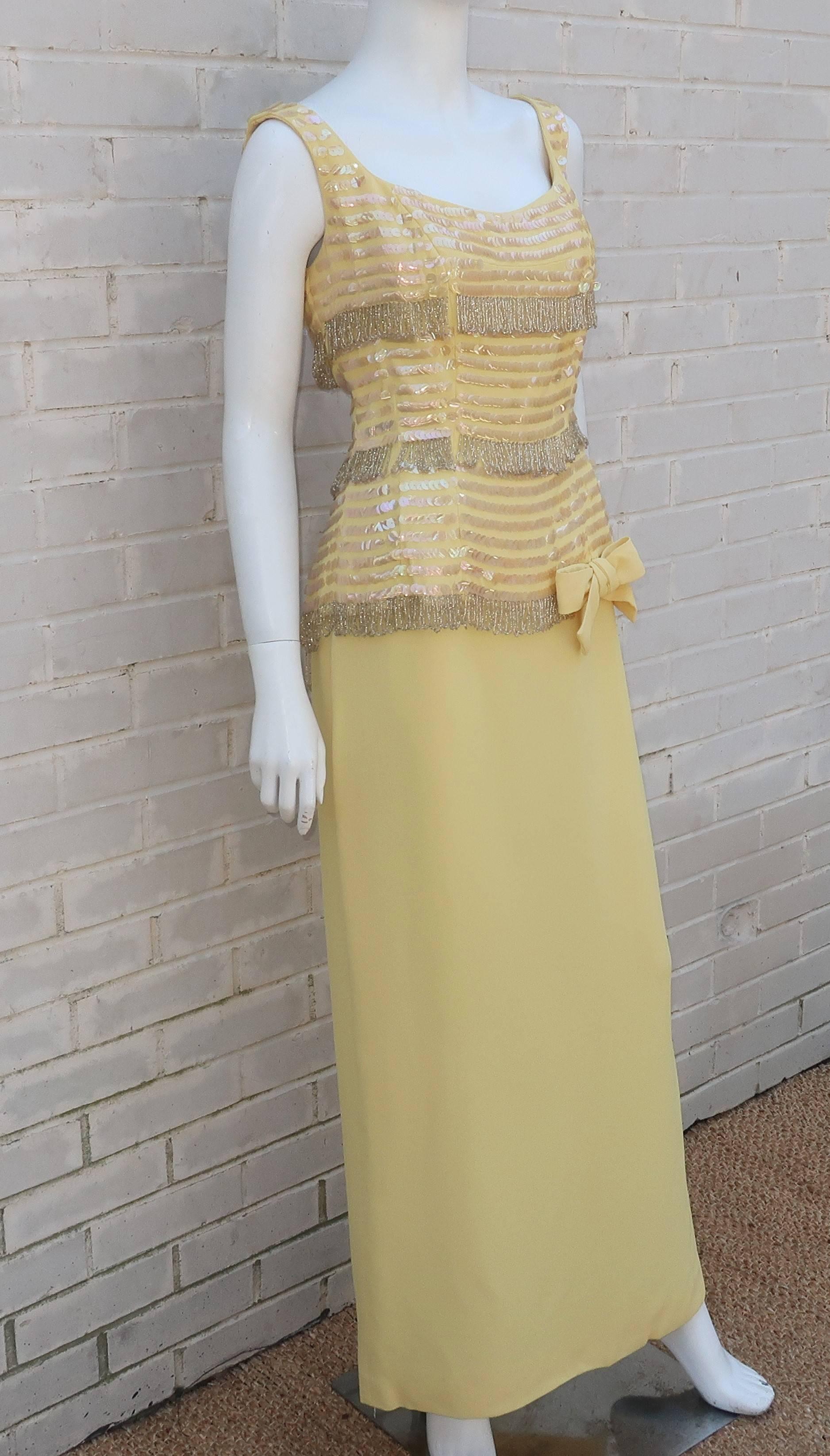 Beige Bernetti Pale Yellow Beaded Evening Dress, circa 1960