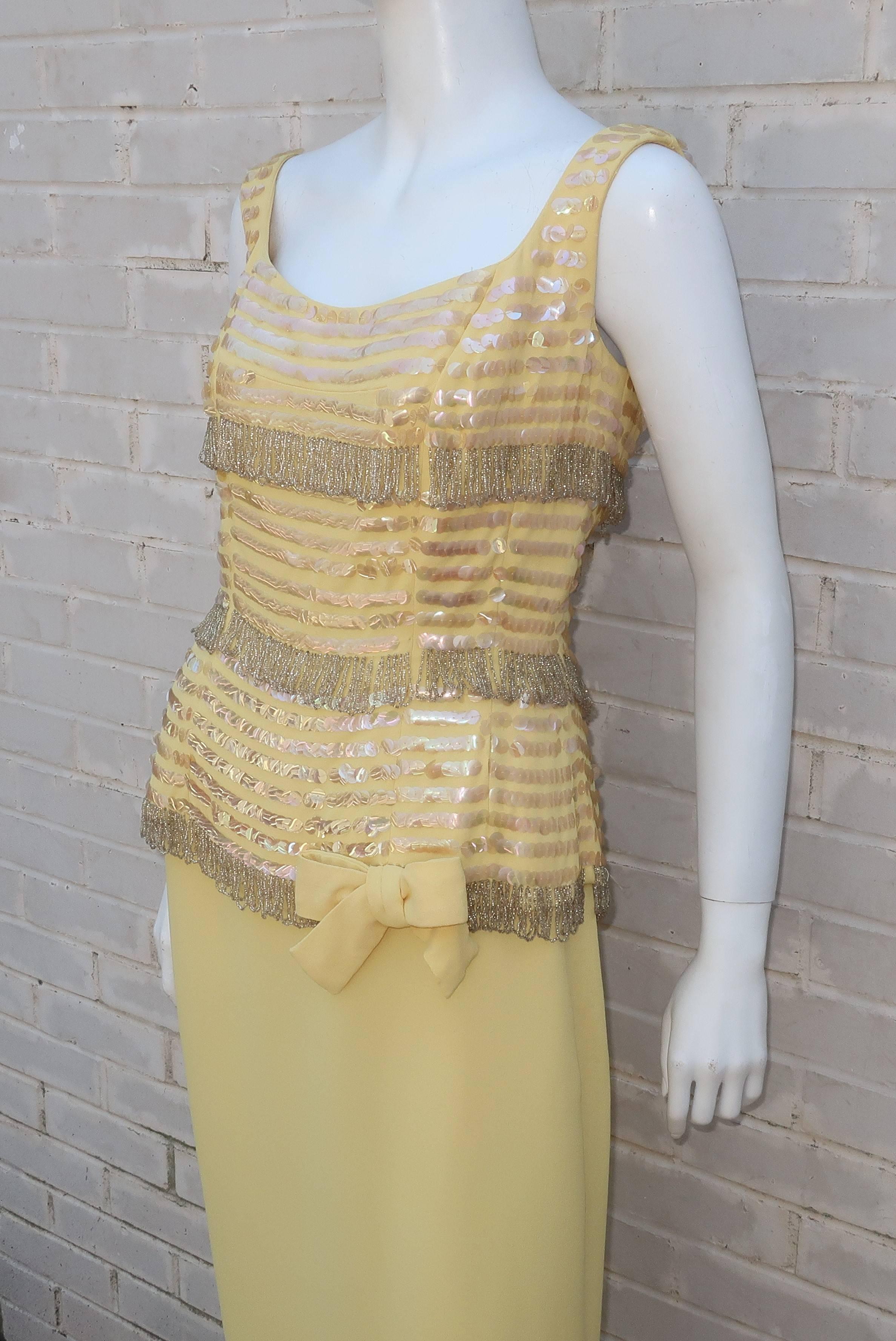 Bernetti Pale Yellow Beaded Evening Dress, circa 1960 In Good Condition In Atlanta, GA