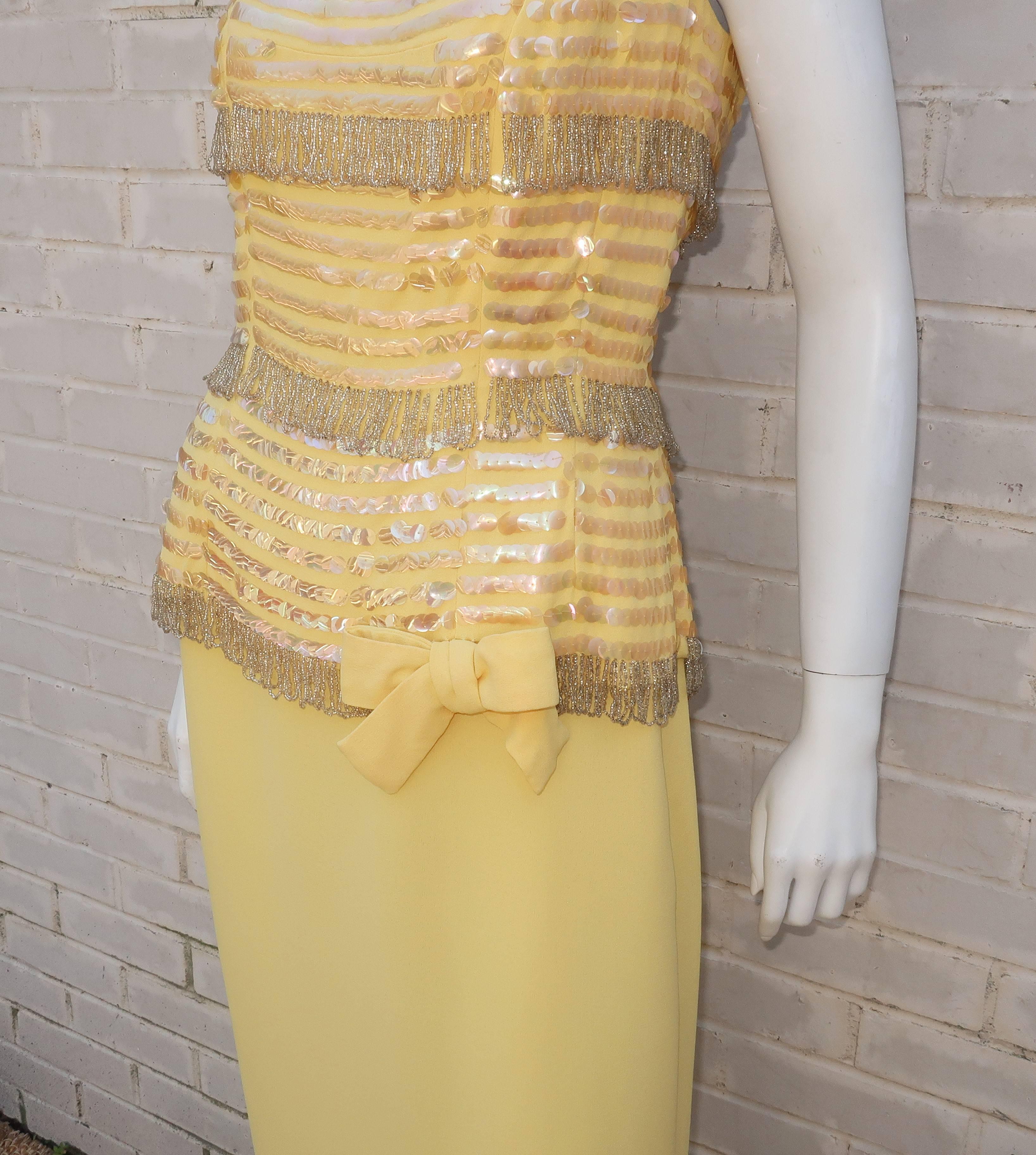 Women's Bernetti Pale Yellow Beaded Evening Dress, circa 1960