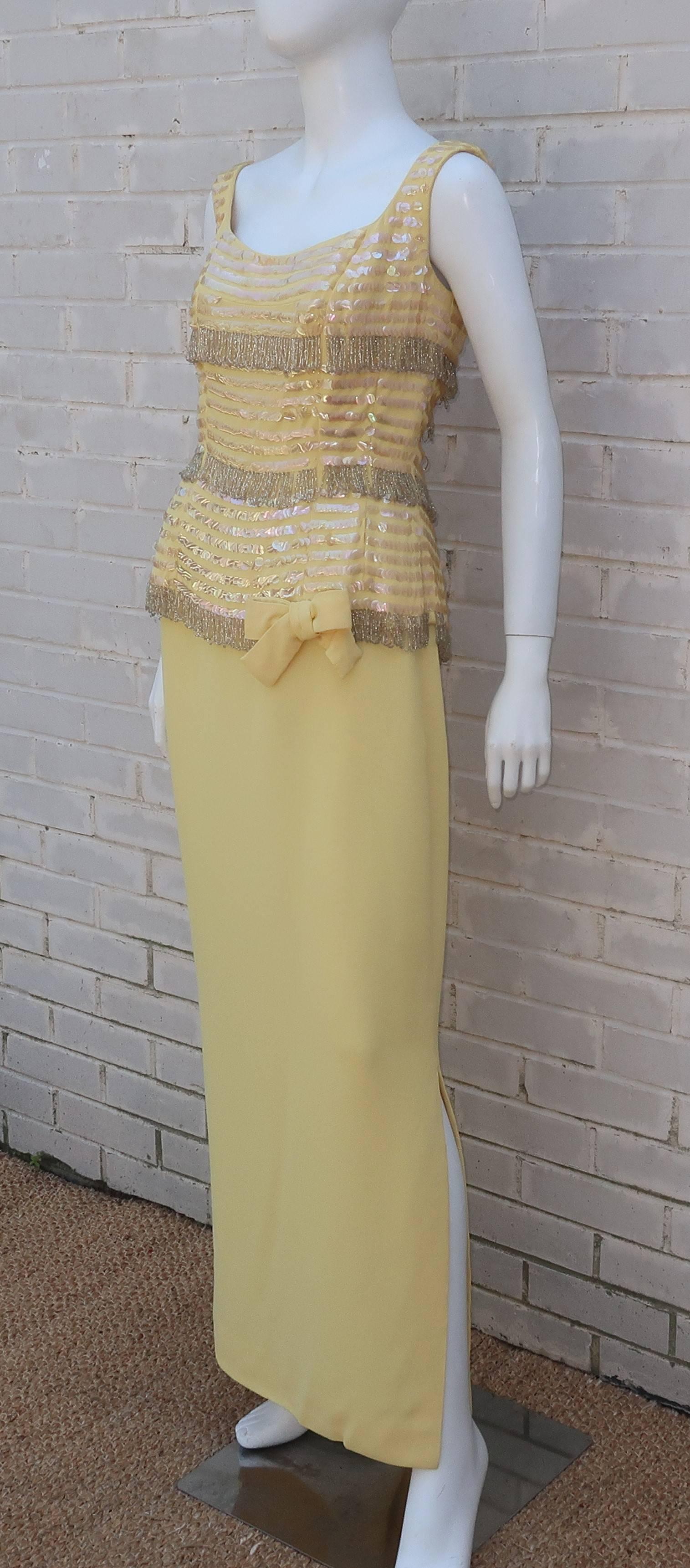 Bernetti Pale Yellow Beaded Evening Dress, circa 1960 1