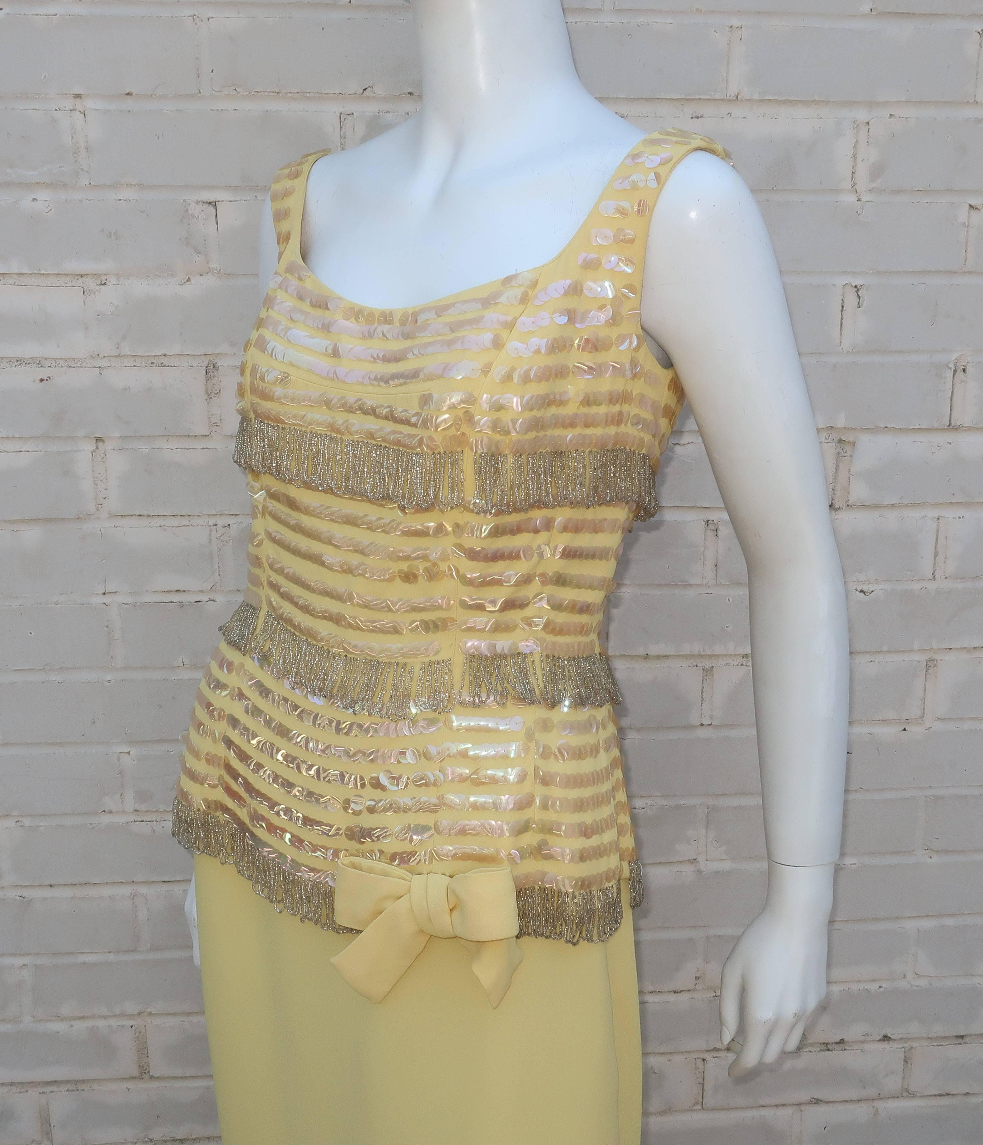 Bernetti Pale Yellow Beaded Evening Dress, circa 1960 2