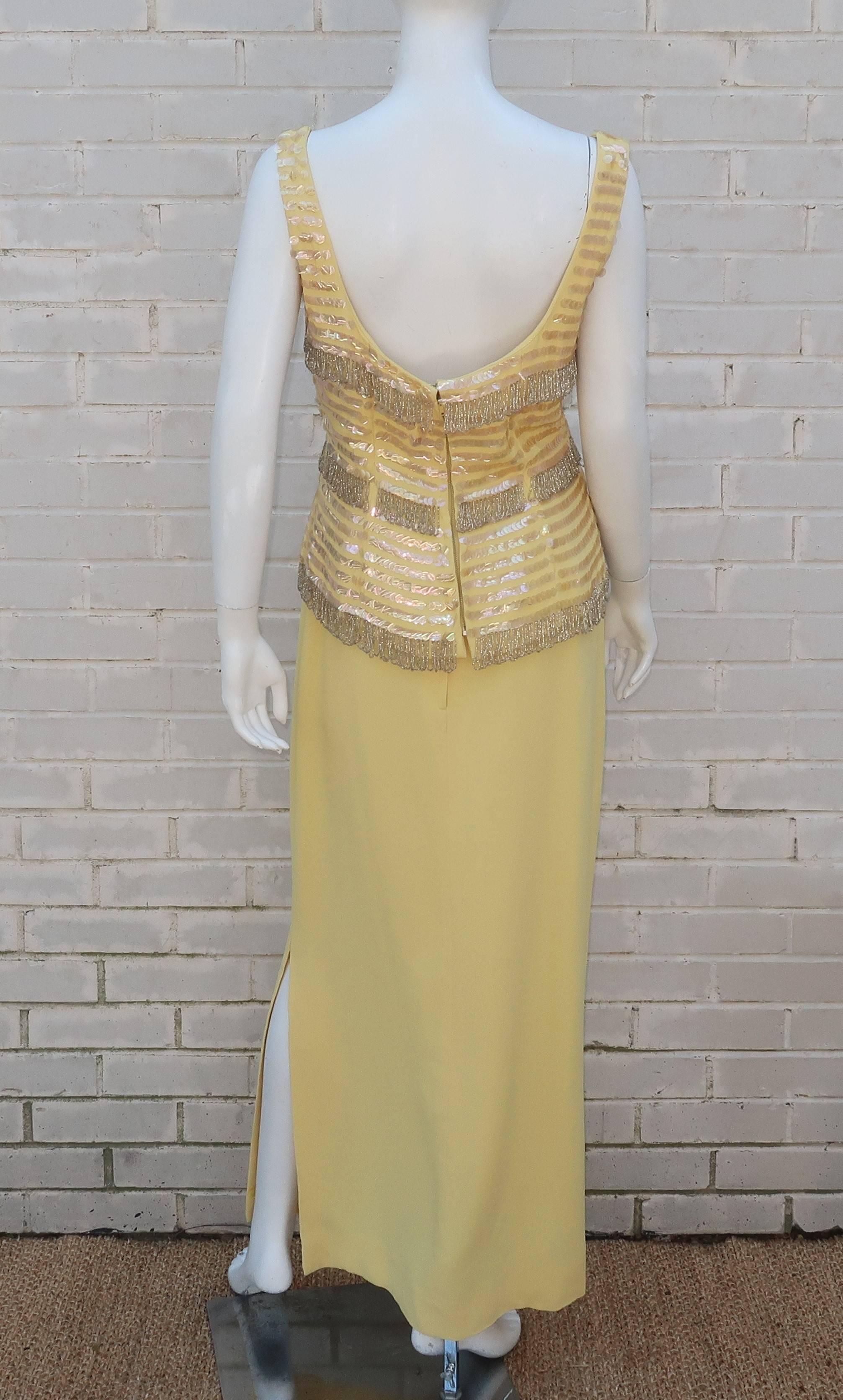 Bernetti Pale Yellow Beaded Evening Dress, circa 1960 4