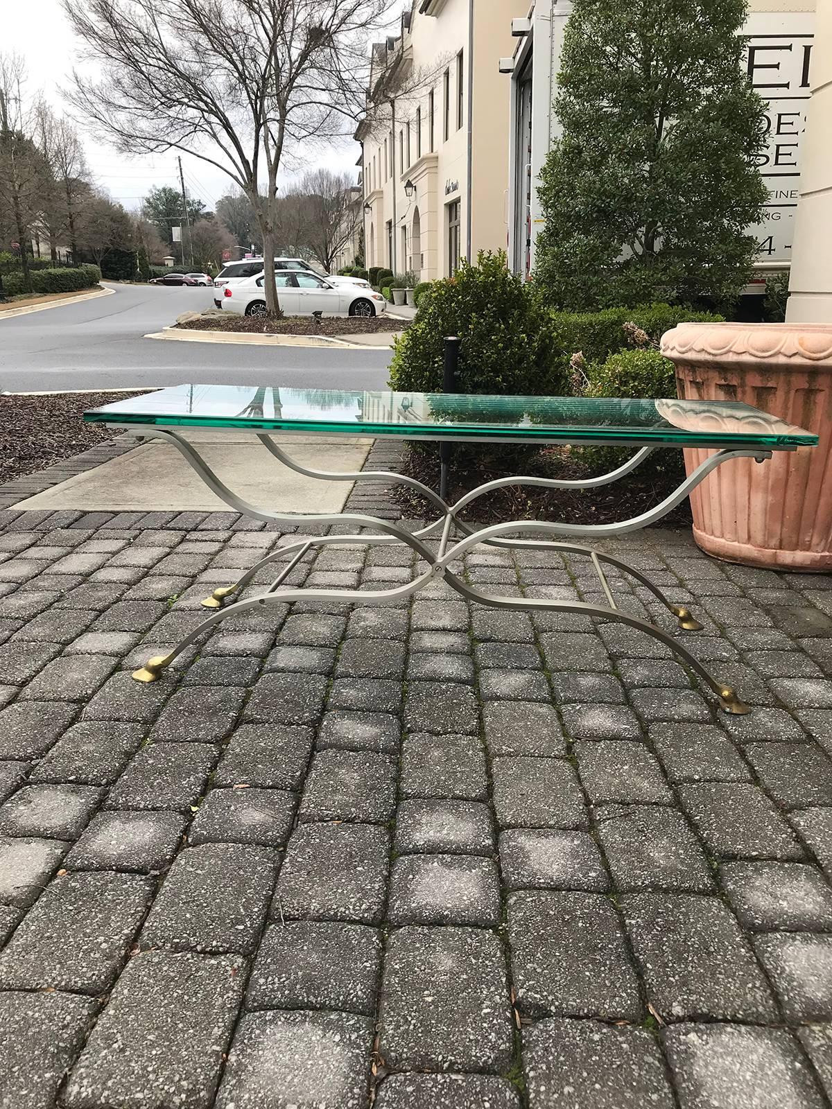 French Maison Jansen Brass and Steel Coffee Table with Hoof Feet, circa 1960 In Good Condition For Sale In Atlanta, GA