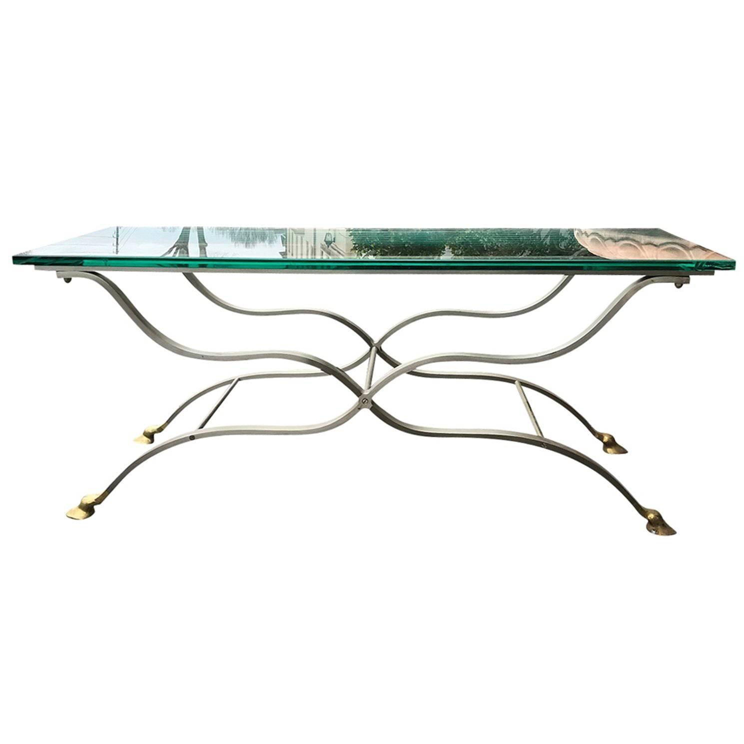 French Maison Jansen Brass and Steel Coffee Table with Hoof Feet, circa 1960 For Sale