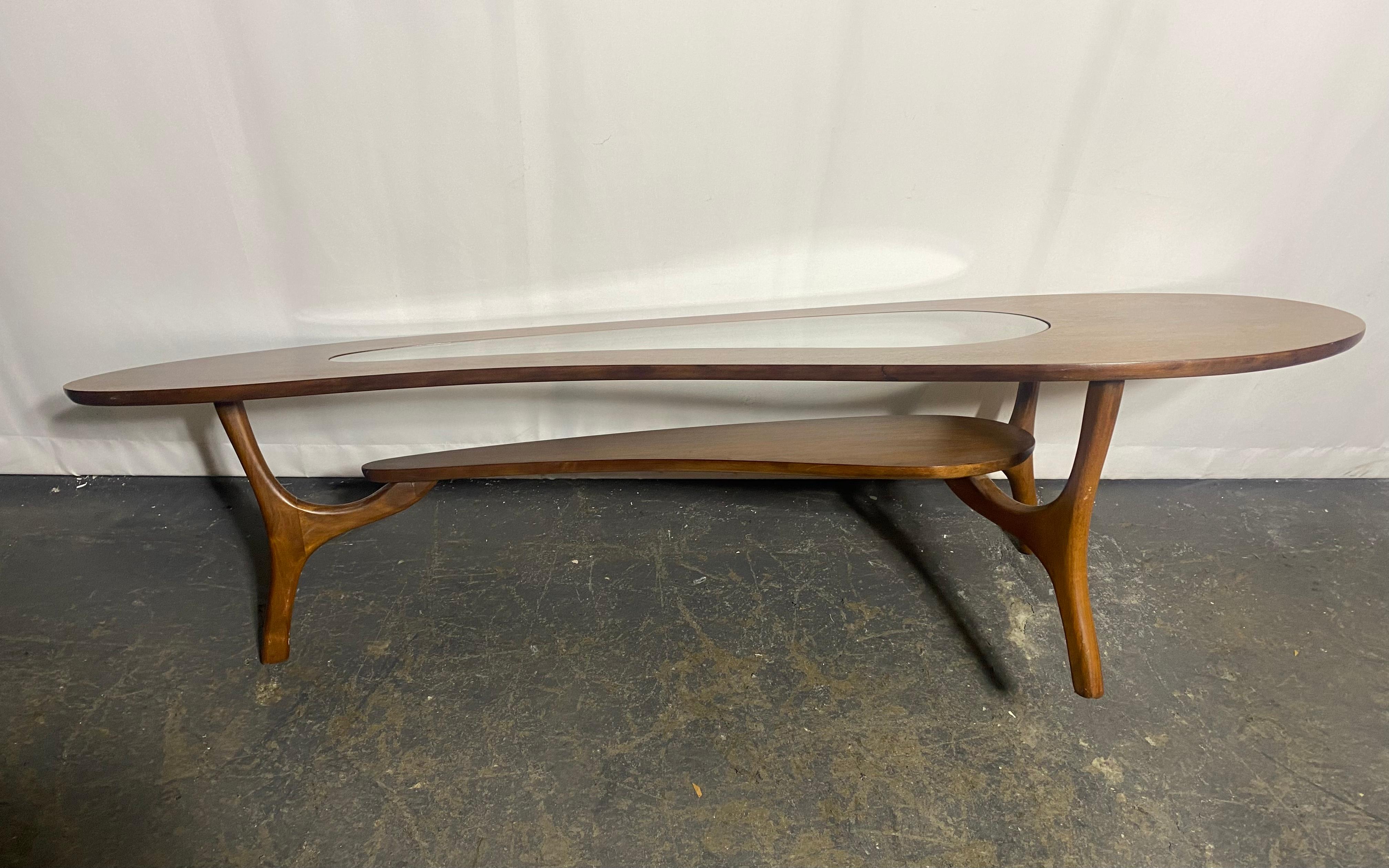 Mid-Century Modern c.1960 kidney shaped, 2 tiered coffee table with sculptural legs & glass insert
