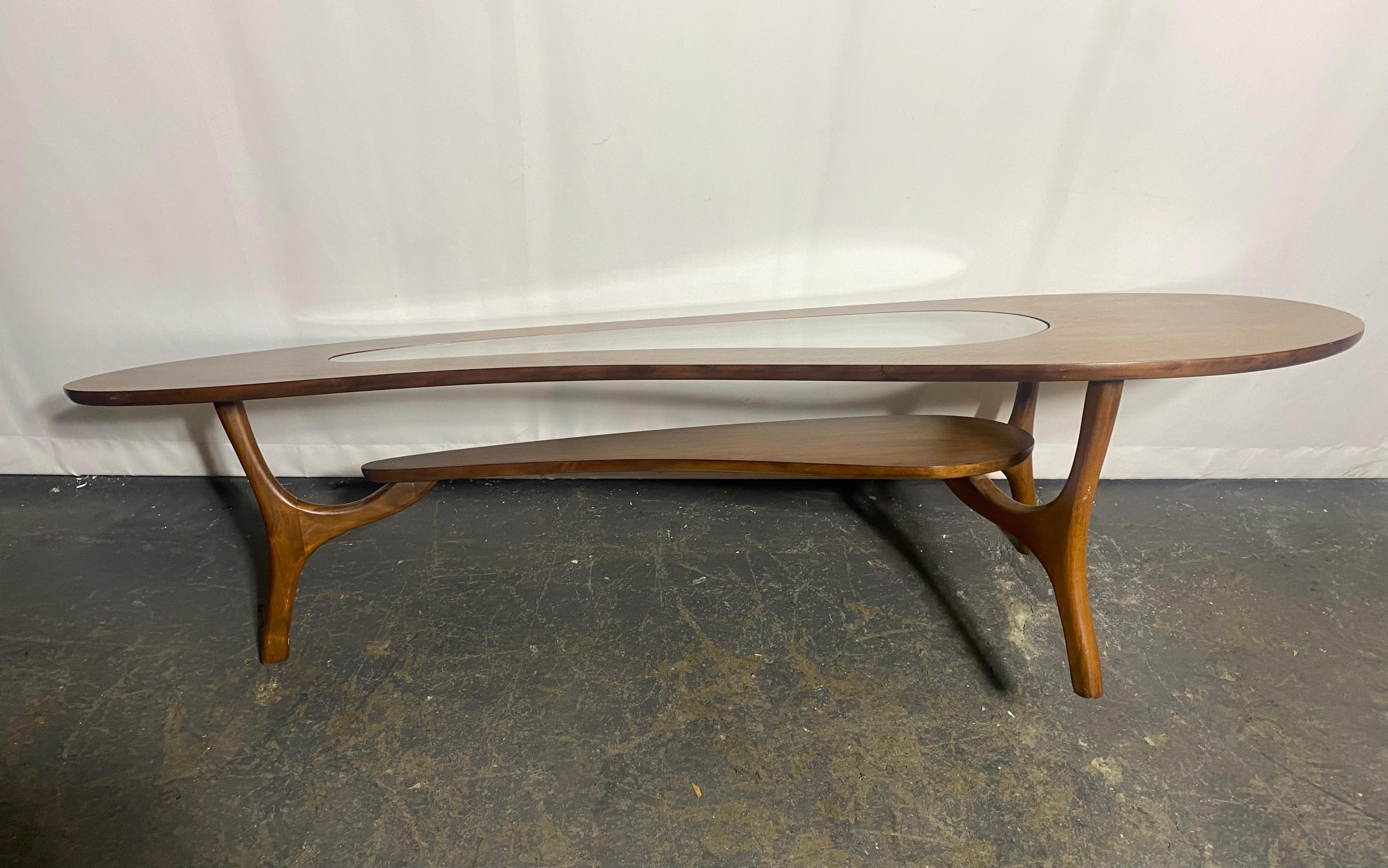 Mid-Century Modern c.1960 kidney shaped, 2 tiered coffee table with sculptural legs & glass insert 