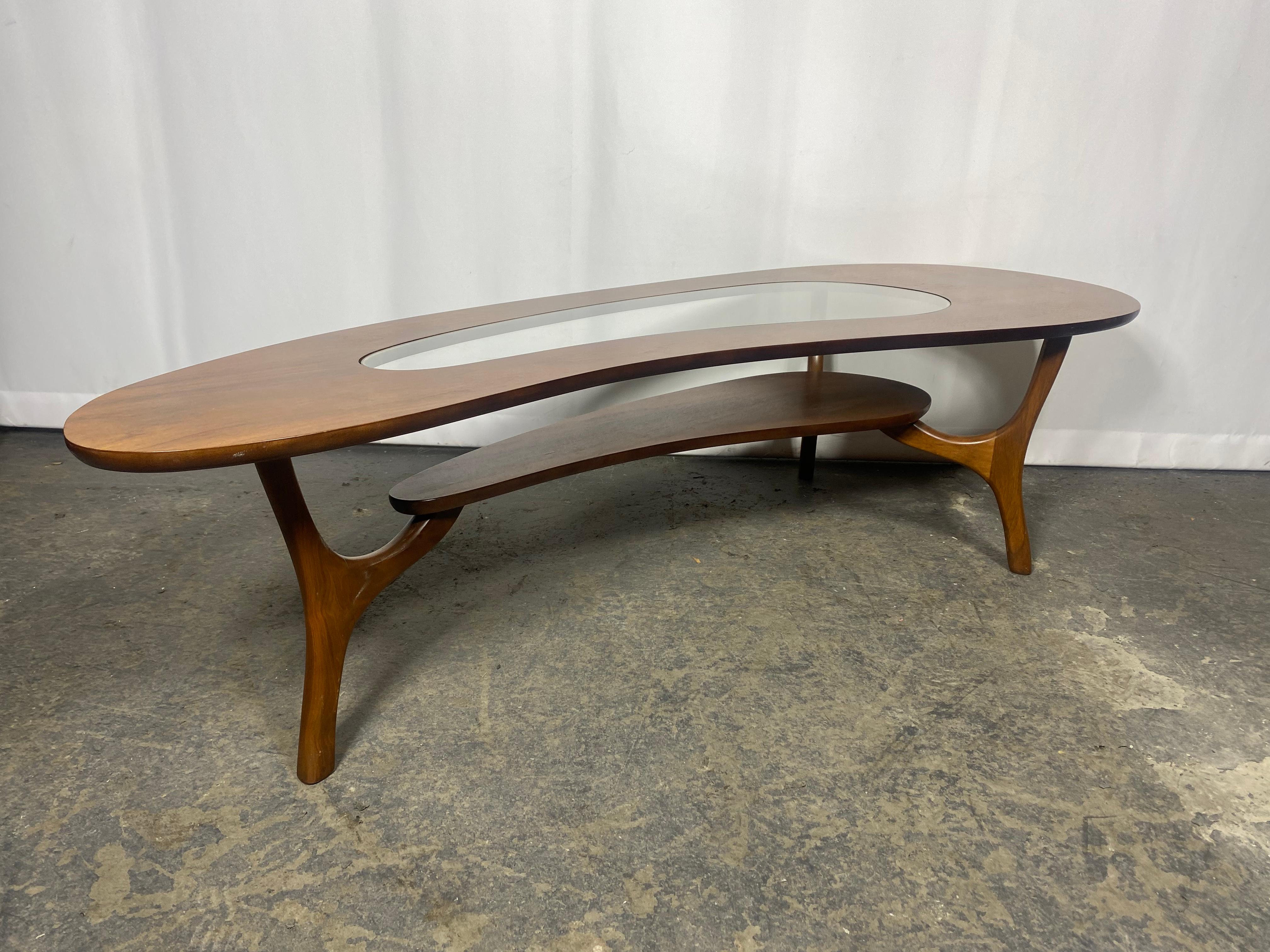 c.1960 kidney shaped, 2 tiered coffee table with sculptural legs & glass insert  In Good Condition In Buffalo, NY