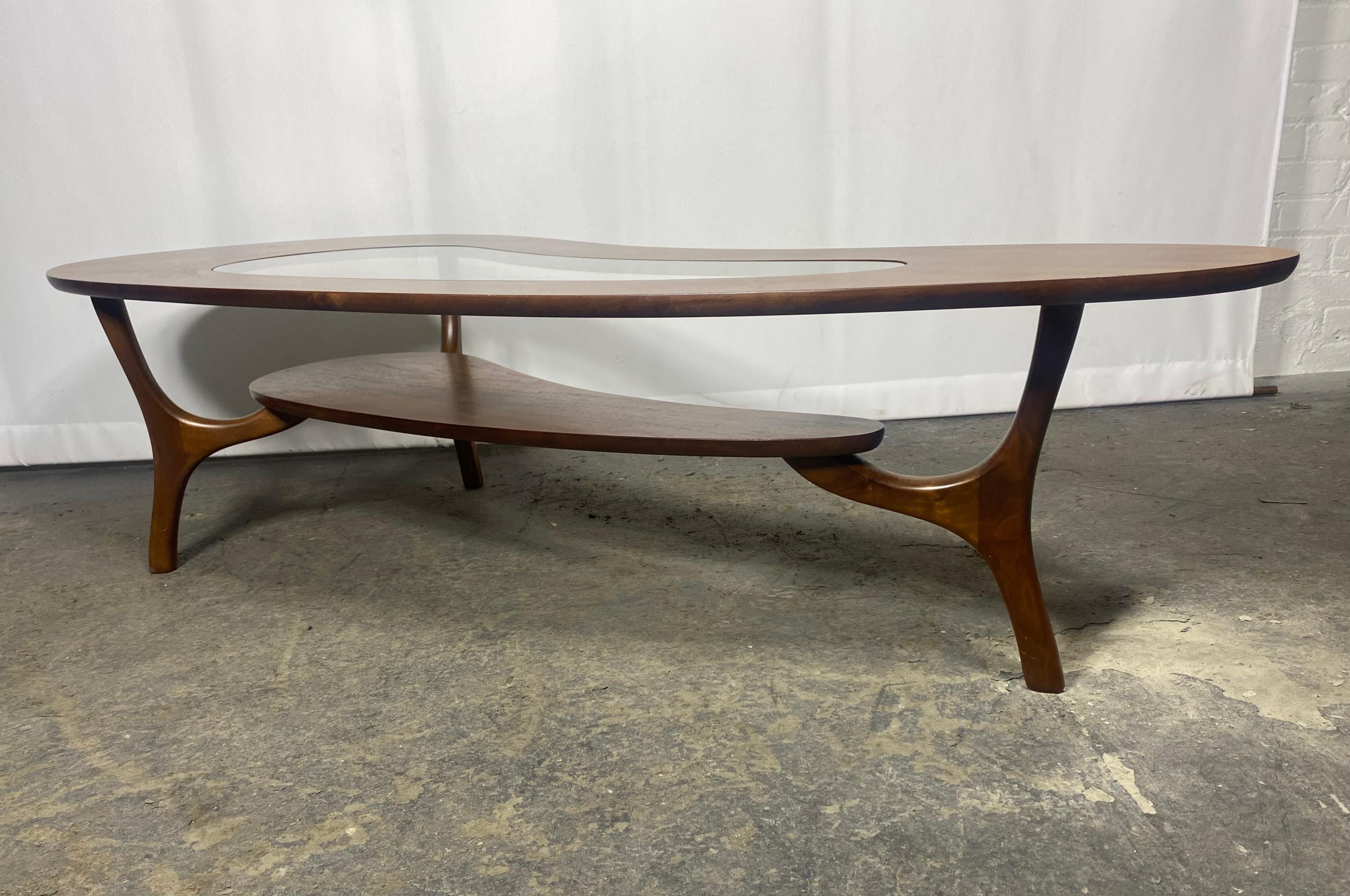 c.1960 kidney shaped, 2 tiered coffee table with sculptural legs & glass insert  1