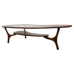 A.I.C. 1960 table basse en forme de rein, à deux niveaux, avec des pieds sculpturaux et un plateau en verre. 