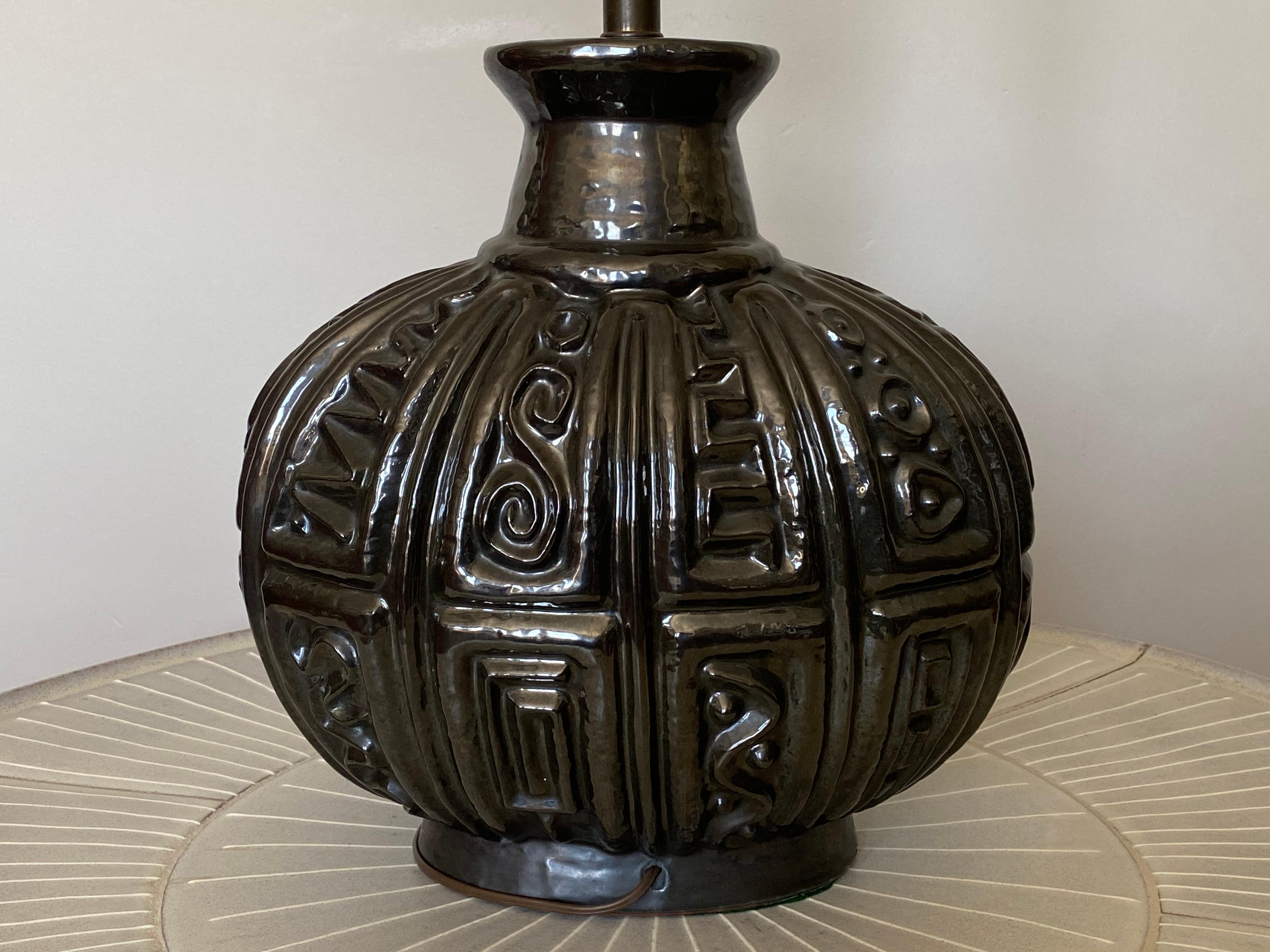 Fired c1960 Lee Rosen for Design Technics Ovoid Brutalist Pottery Ceramic Lamp For Sale