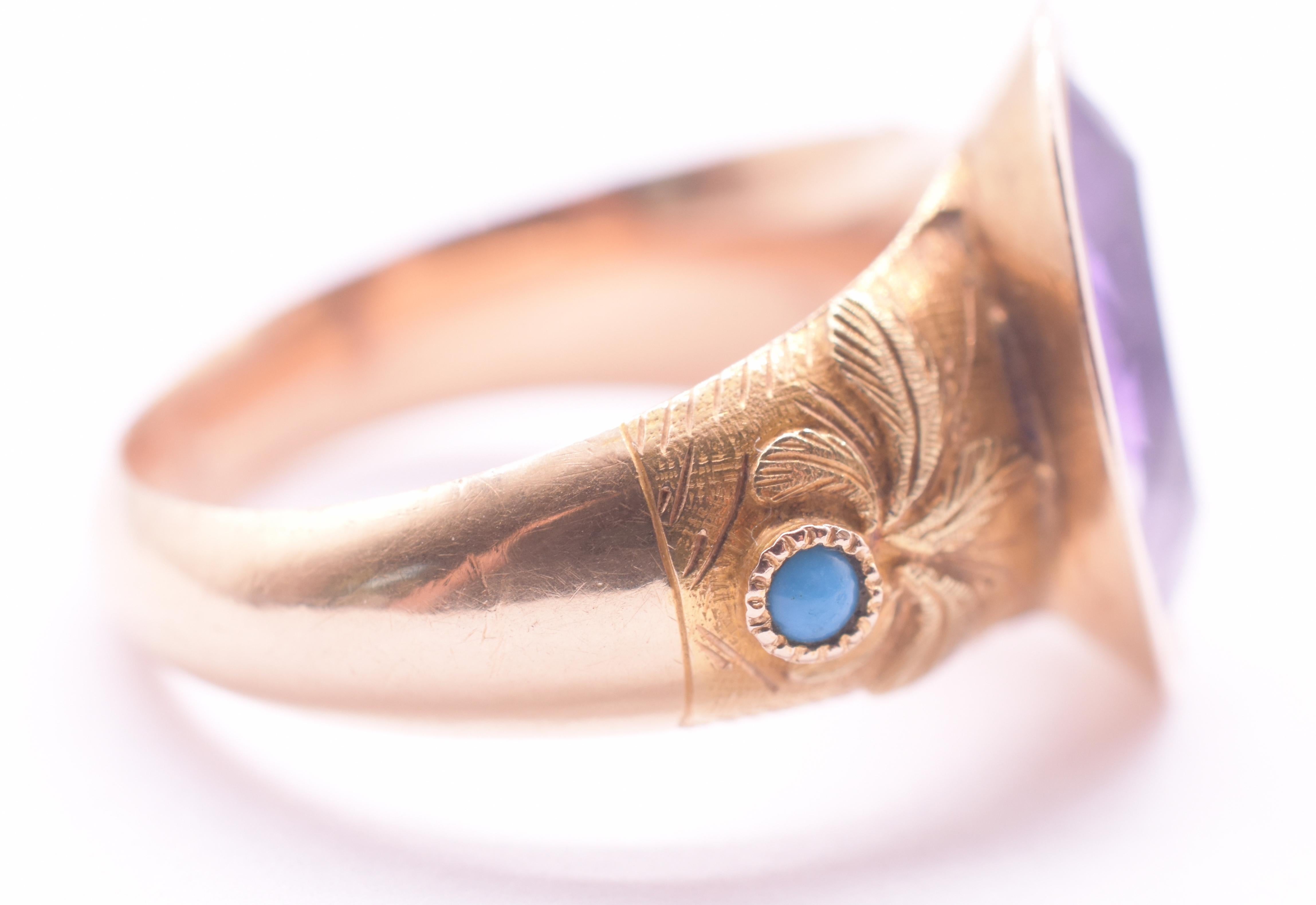 Contemporary C1960 Signet Ring with Amethyst Stone and Floral Carved Shoulders For Sale
