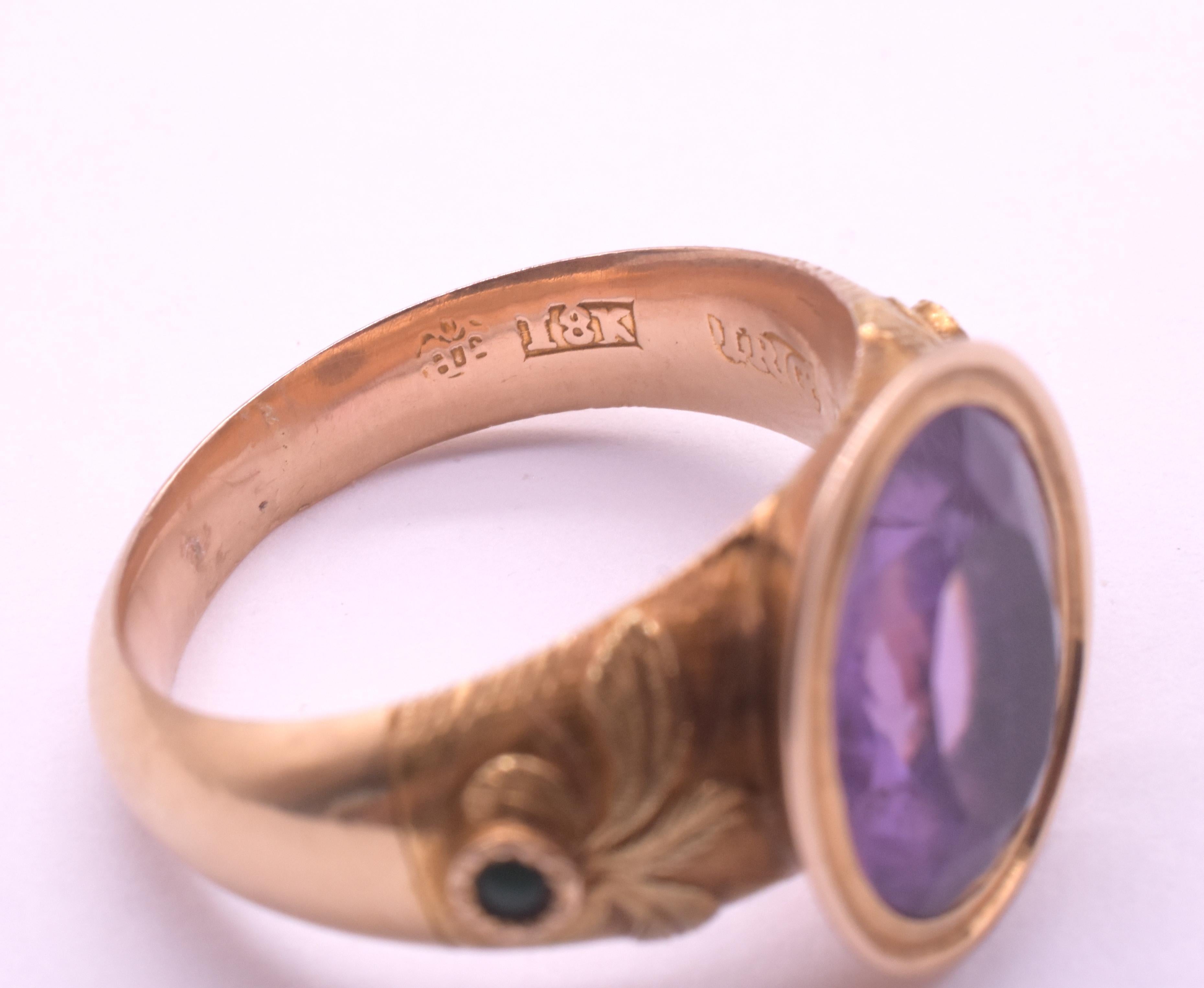 Oval Cut C1960 Signet Ring with Amethyst Stone and Floral Carved Shoulders For Sale