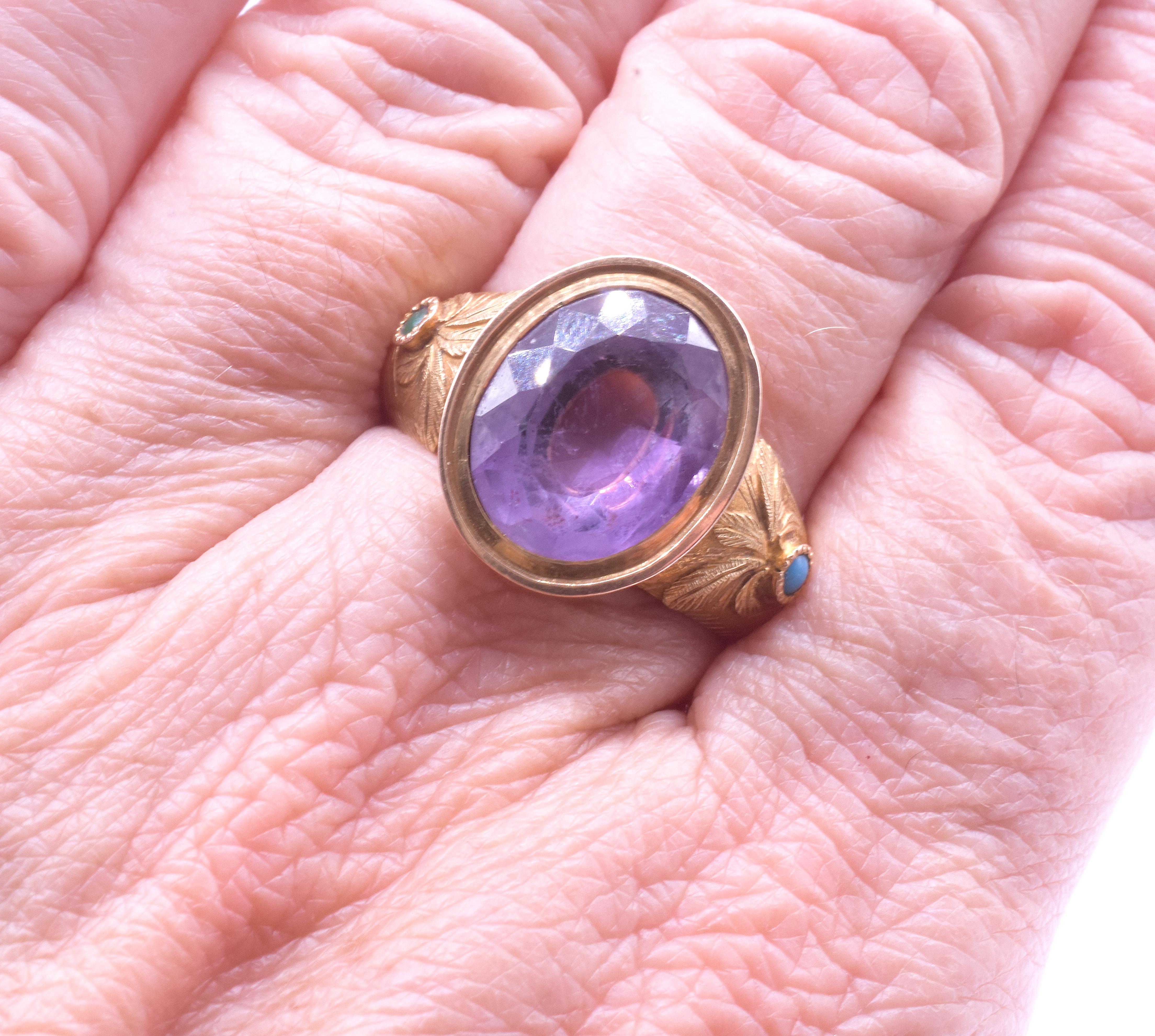Women's or Men's C1960 Signet Ring with Amethyst Stone and Floral Carved Shoulders For Sale