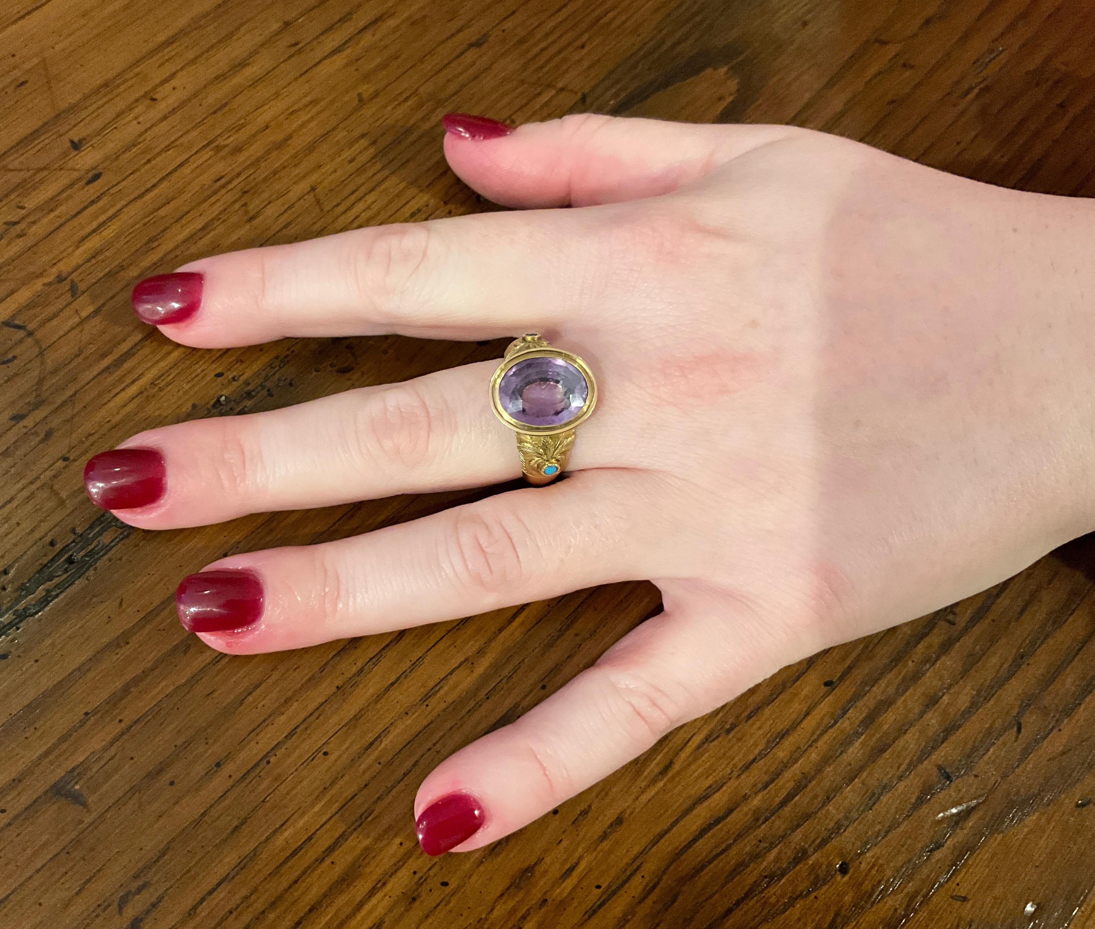 C1960 Signet Ring with Amethyst Stone and Floral Carved Shoulders For Sale 1