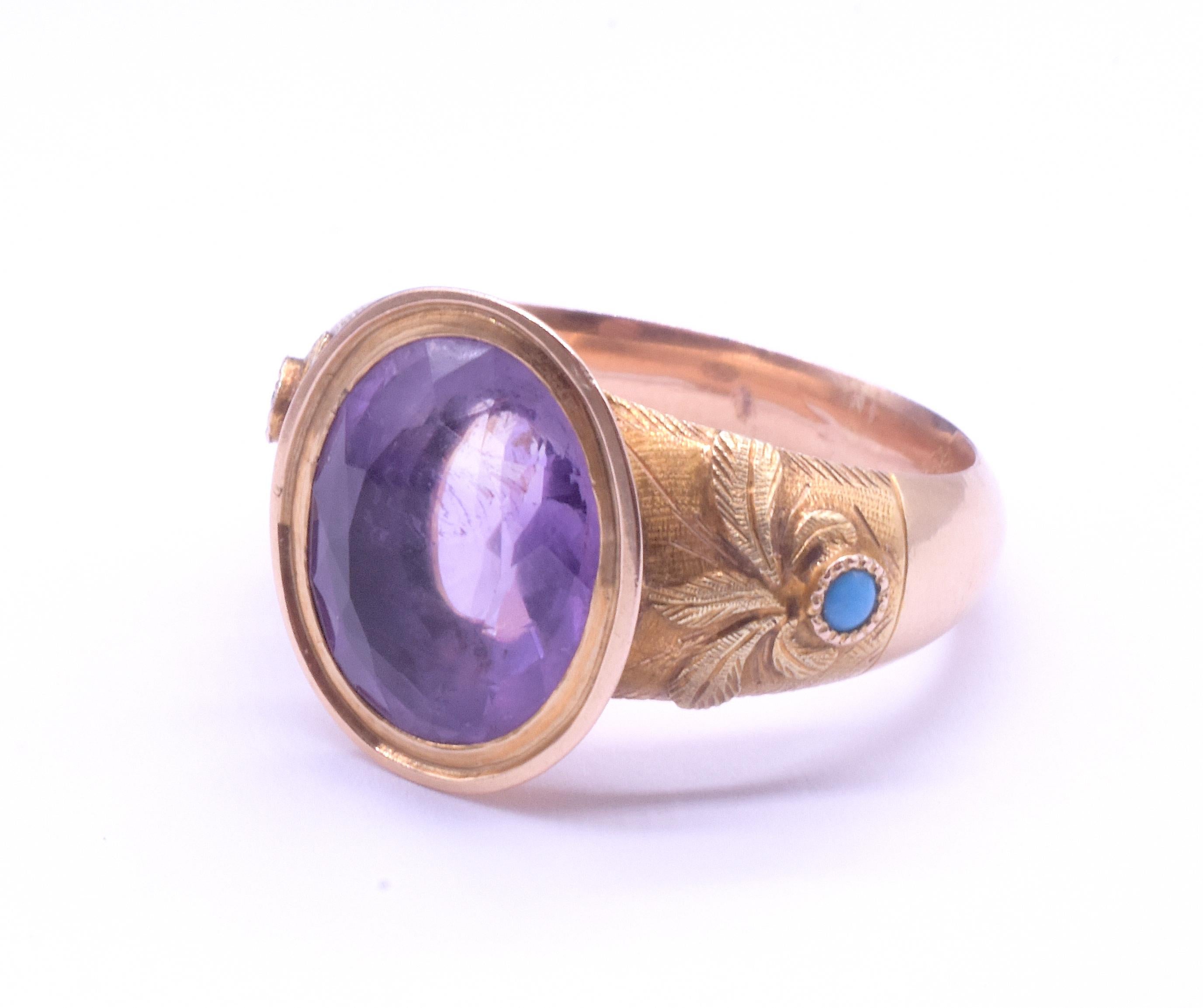 C1960 Signet Ring with Amethyst Stone and Floral Carved Shoulders For Sale 2