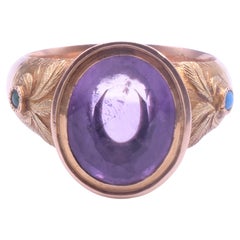C1960 Signet Ring with Amethyst Stone and Floral Carved Shoulders