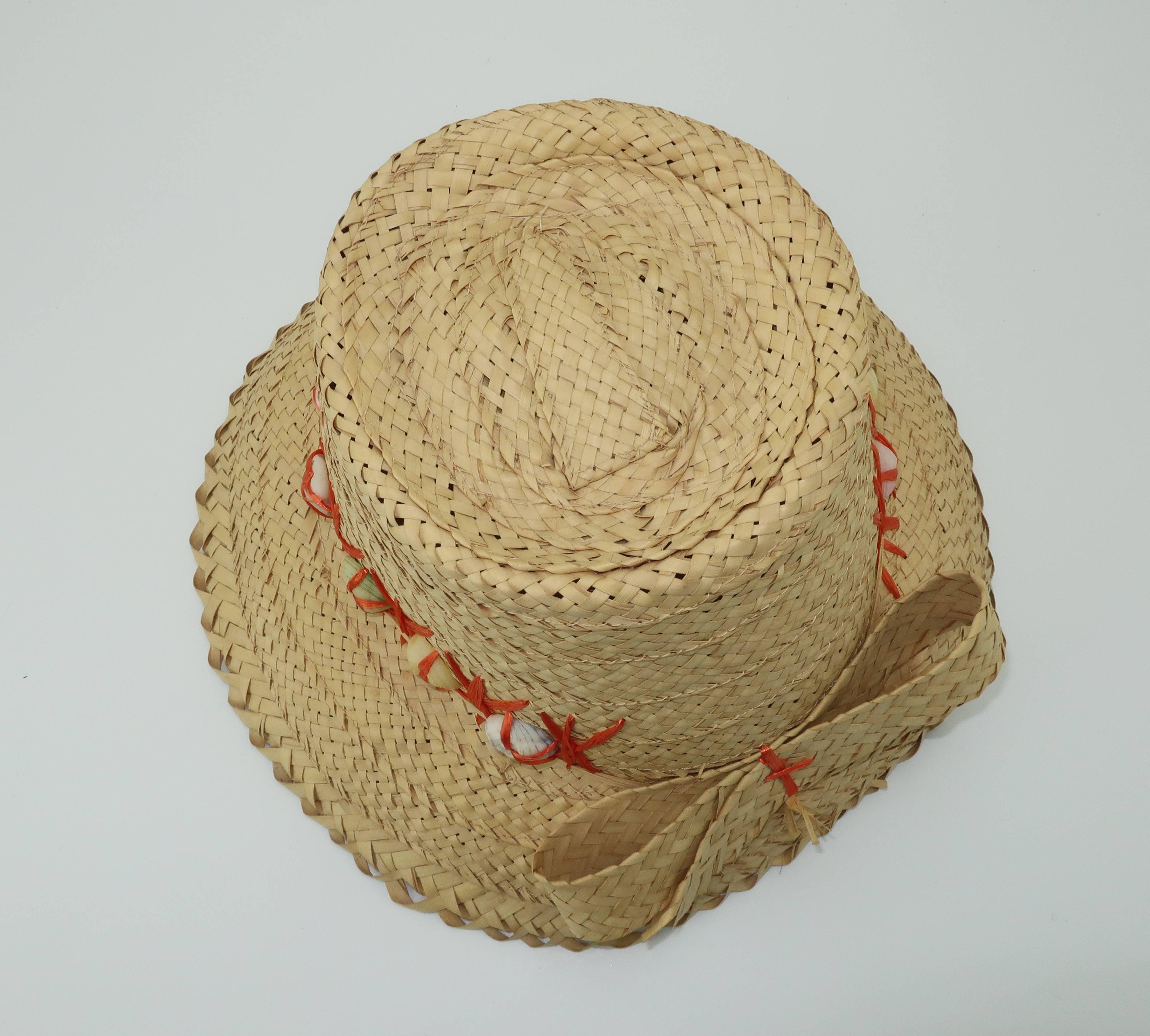 C.1960 Straw Beach Hat With Shell Trim & Bow 4