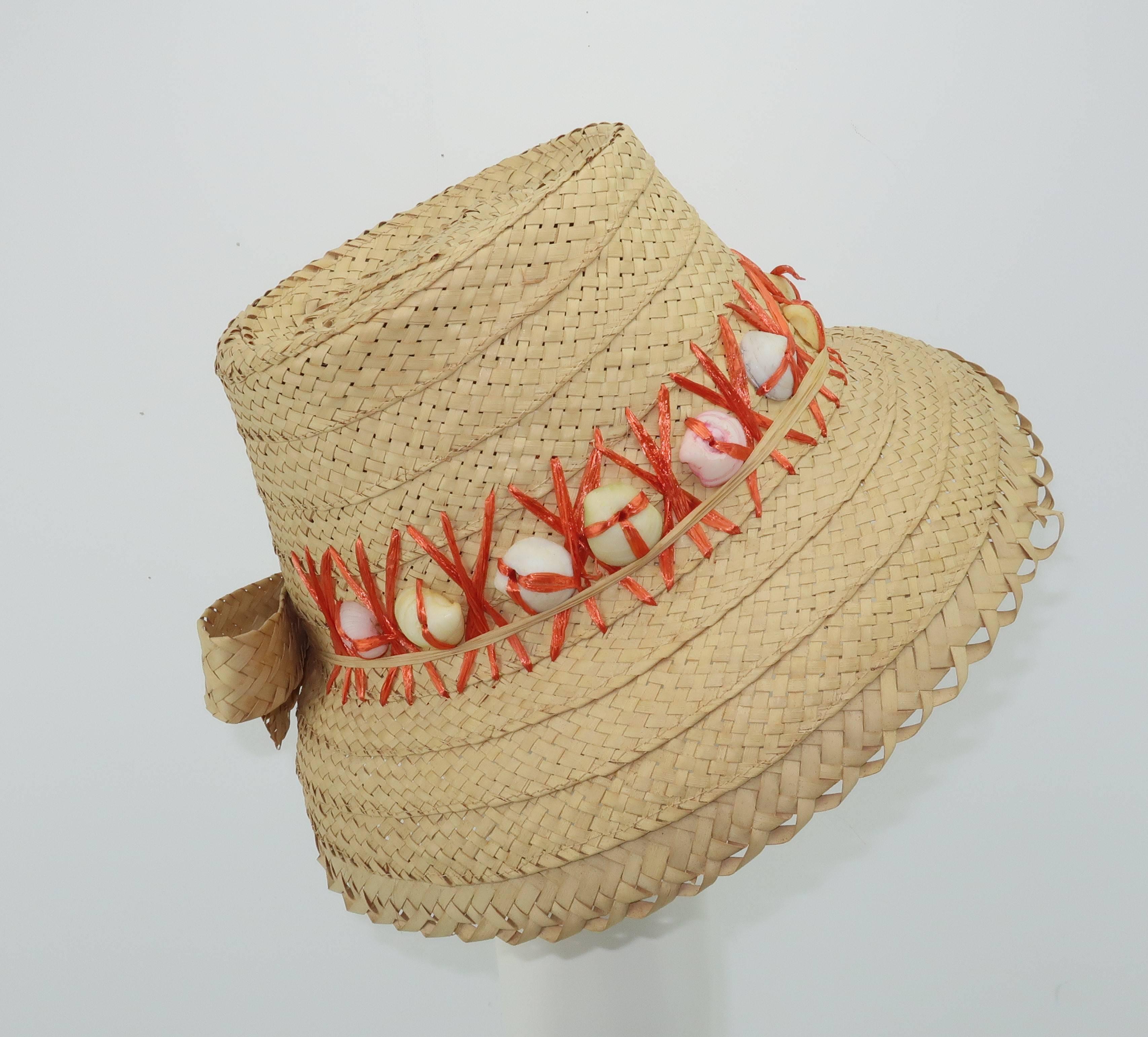 Beige C.1960 Straw Beach Hat With Shell Trim & Bow