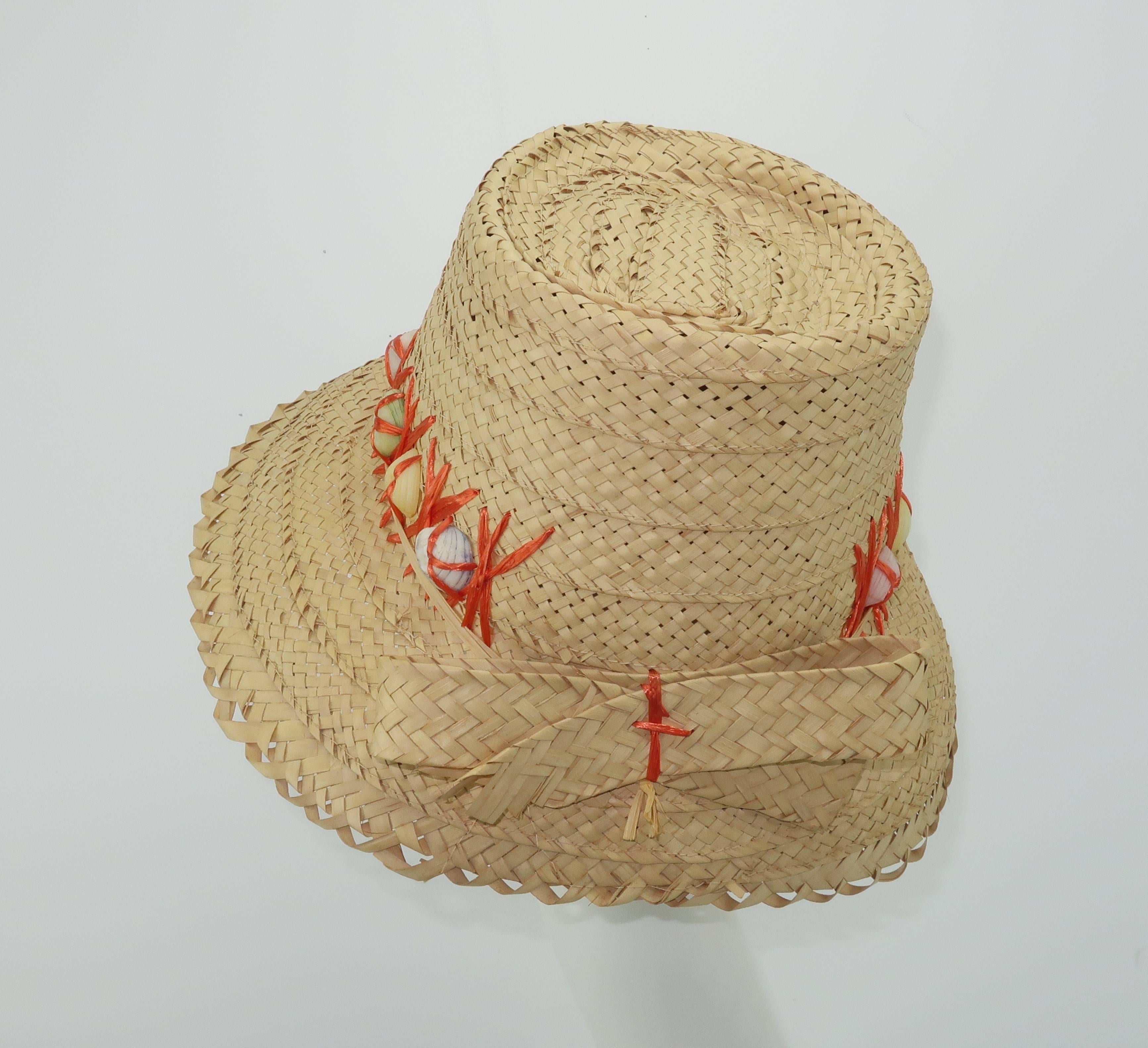 C.1960 Straw Beach Hat With Shell Trim & Bow 1