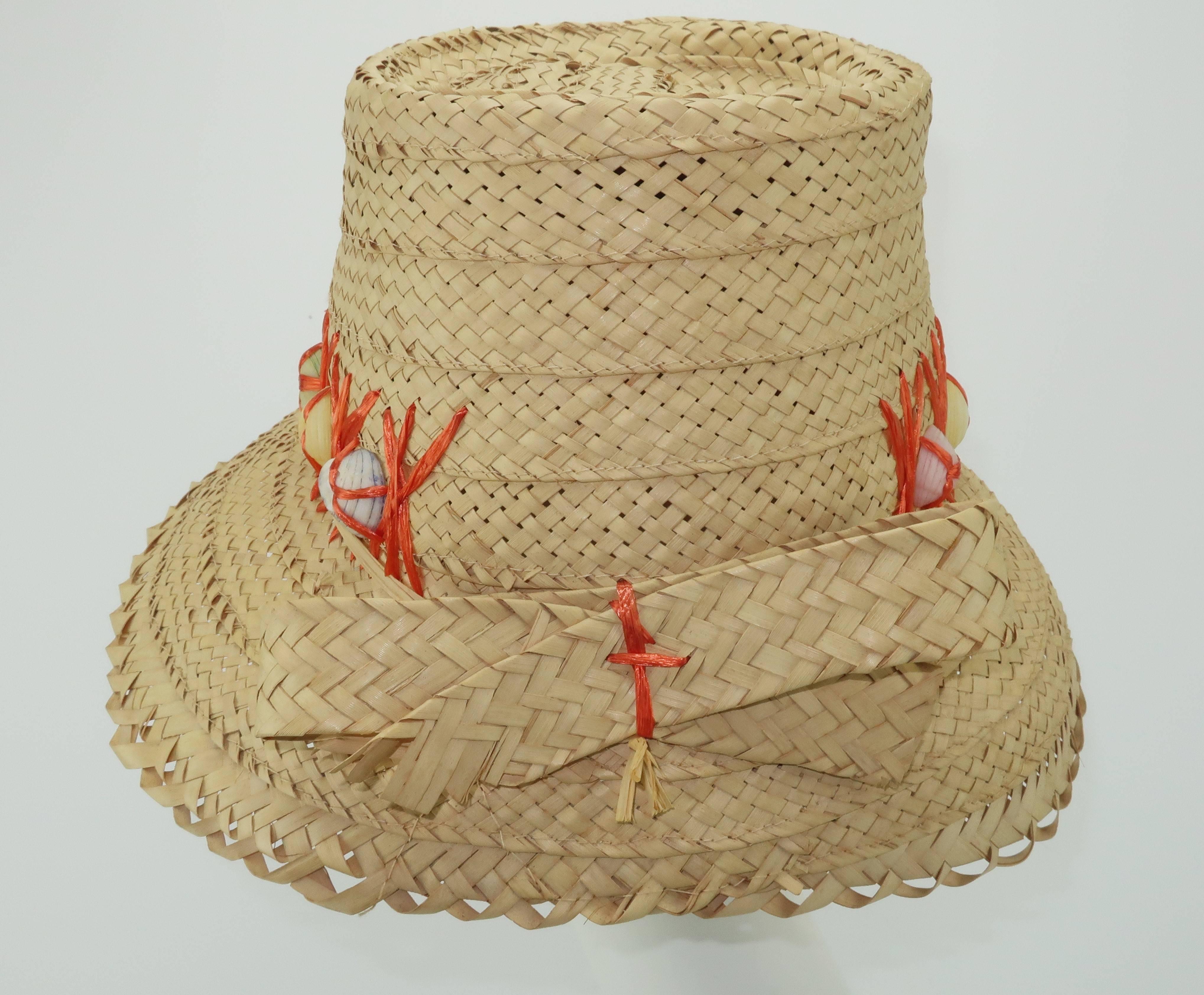 C.1960 Straw Beach Hat With Shell Trim & Bow 2