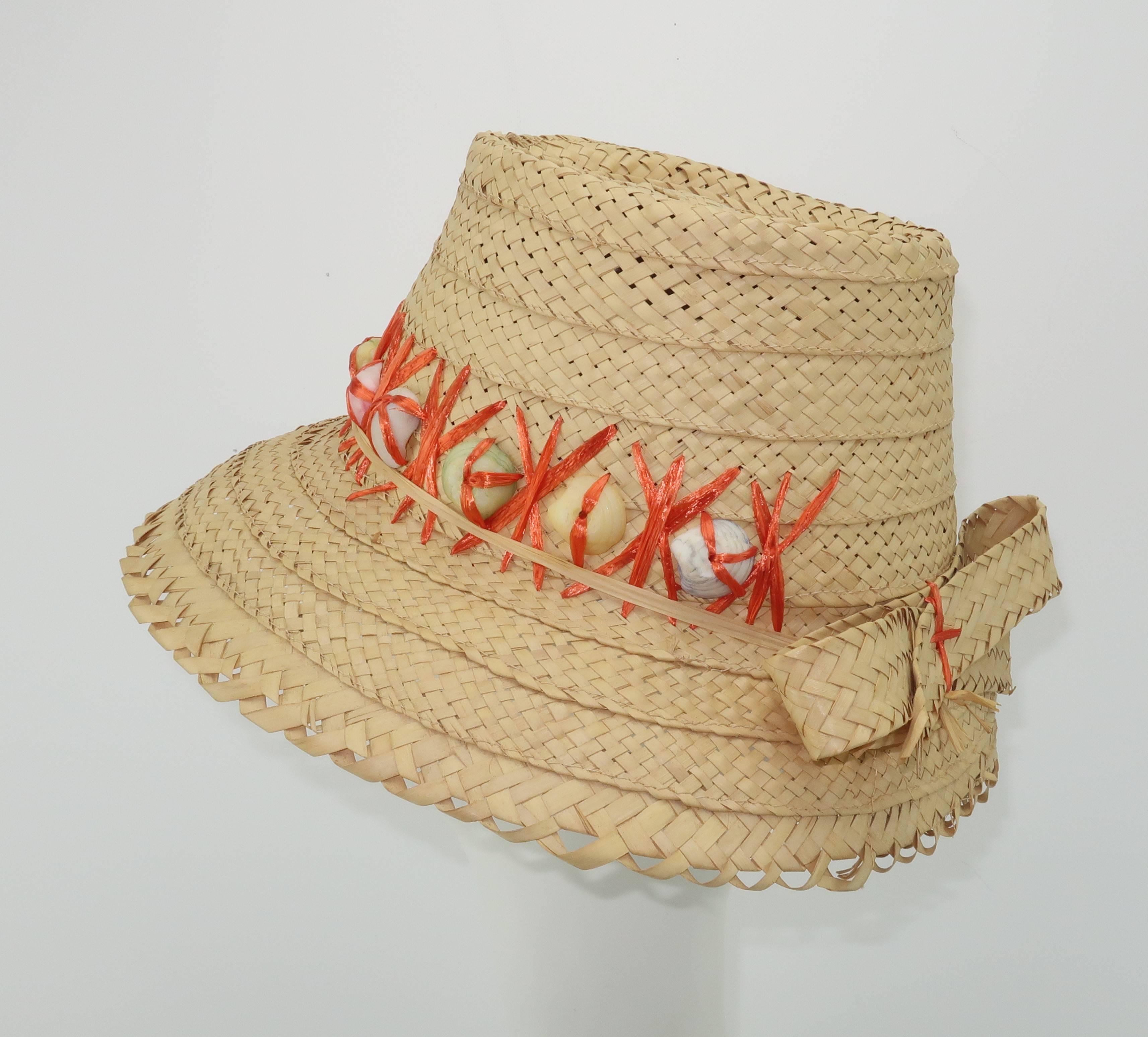 C.1960 Straw Beach Hat With Shell Trim & Bow 3