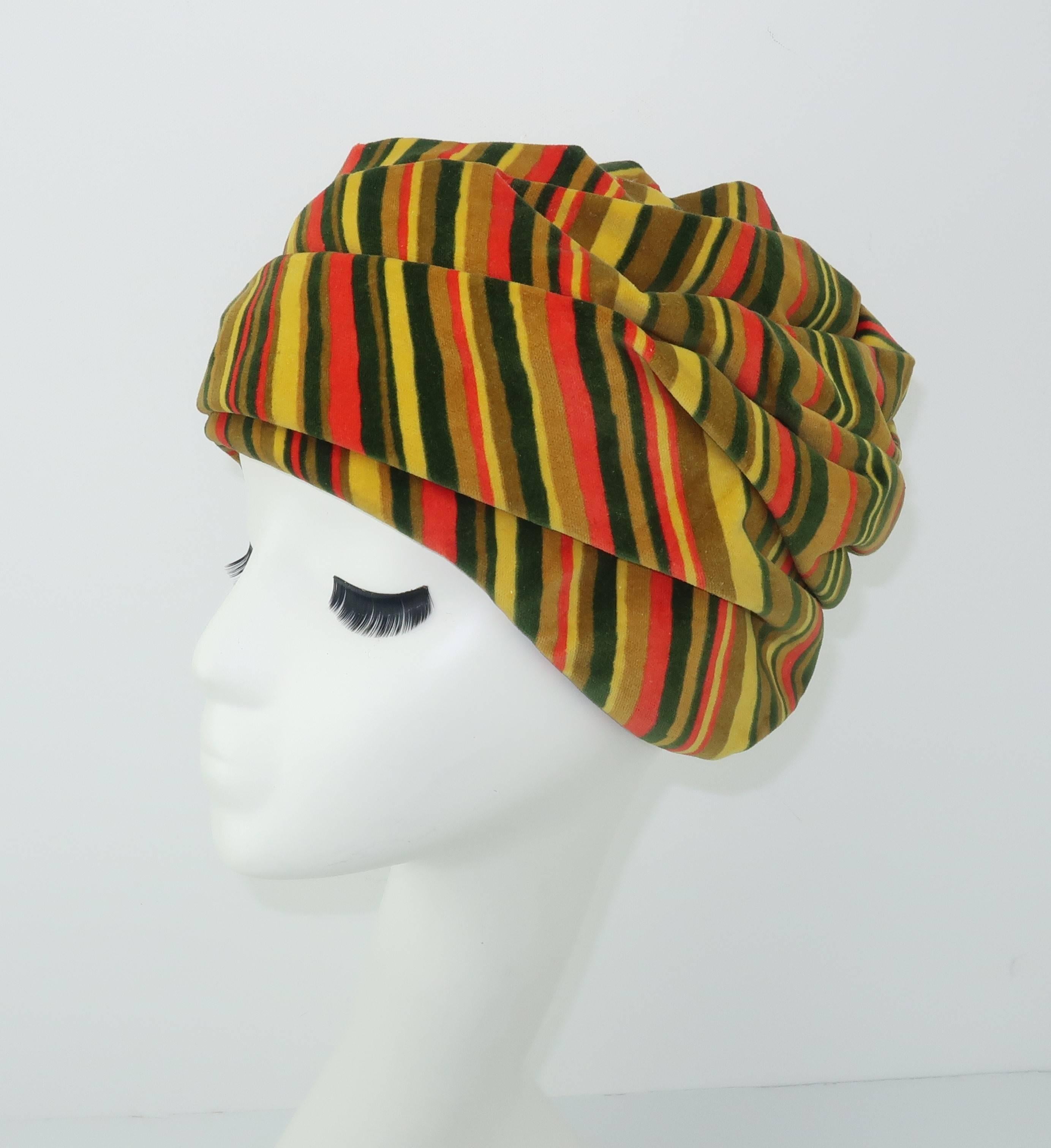 C.1960 Striped Velvet Turban Style Hat 1