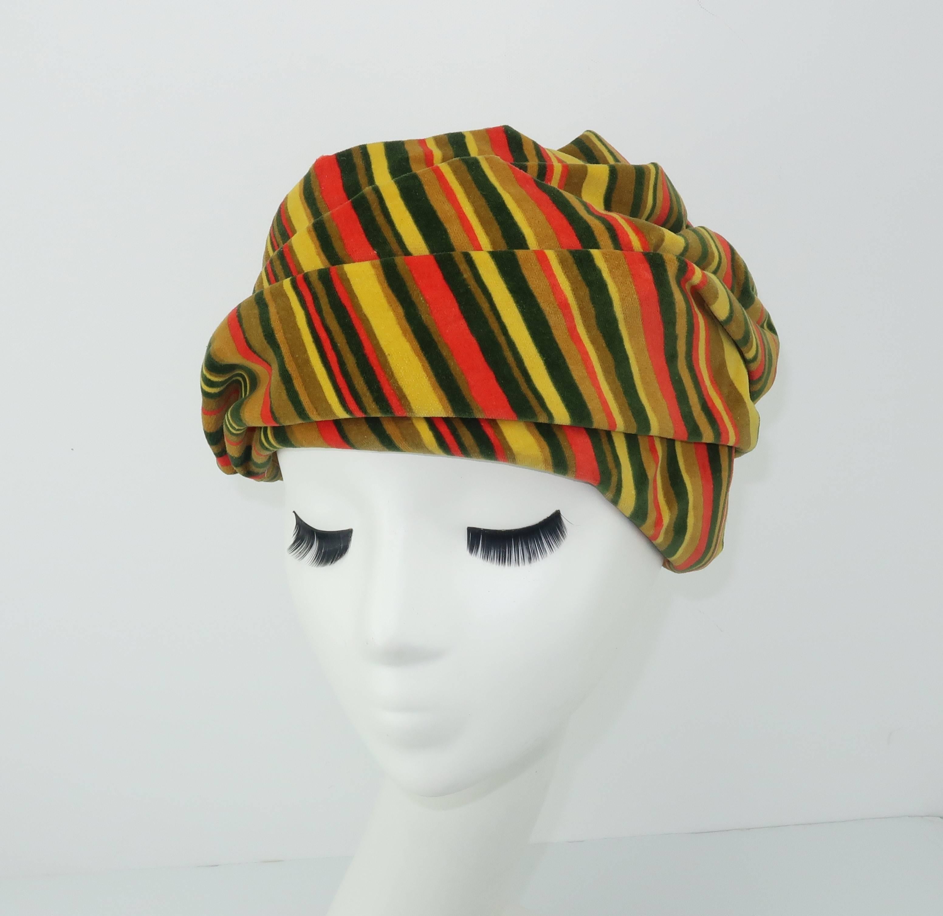 C.1960 Striped Velvet Turban Style Hat 2