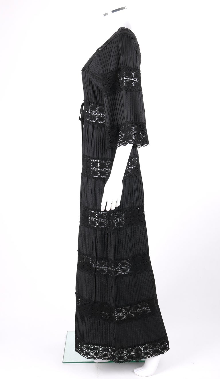 c.1960’s Black Pleated Crochet Knit Mexican Wedding Tie Waist Maxi